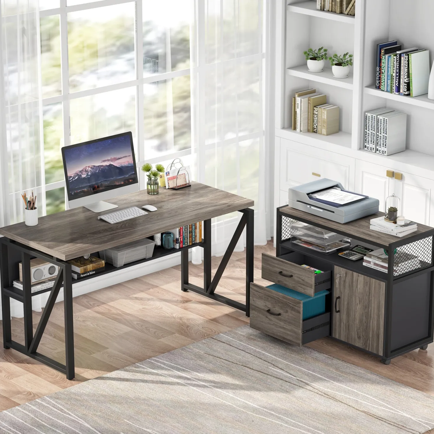 55" / 63" L-Shaped Executive Desk with Storage Shelves and Mobile File Cabinet(2 Drawers and 1 Storage Compartment)