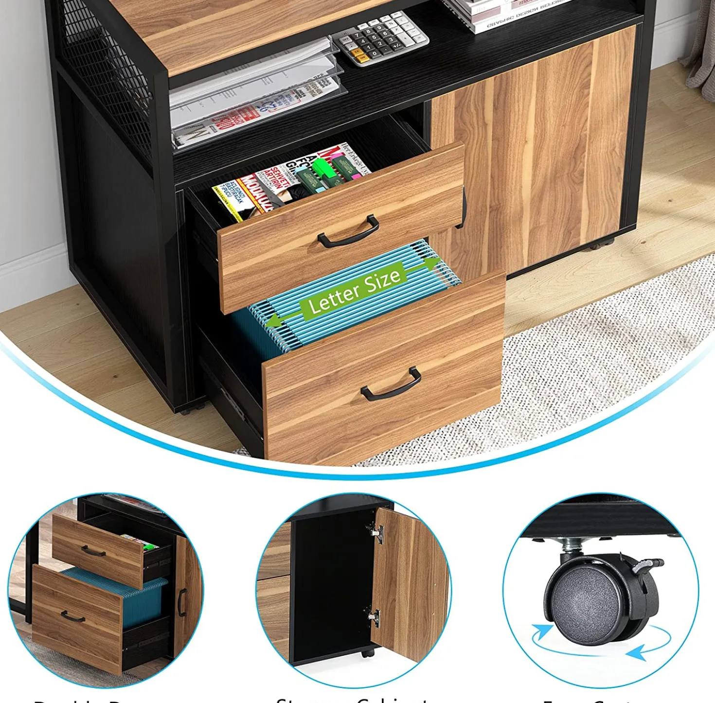 55" / 63" L-Shaped Executive Desk with Storage Shelves and Mobile File Cabinet(2 Drawers and 1 Storage Compartment)