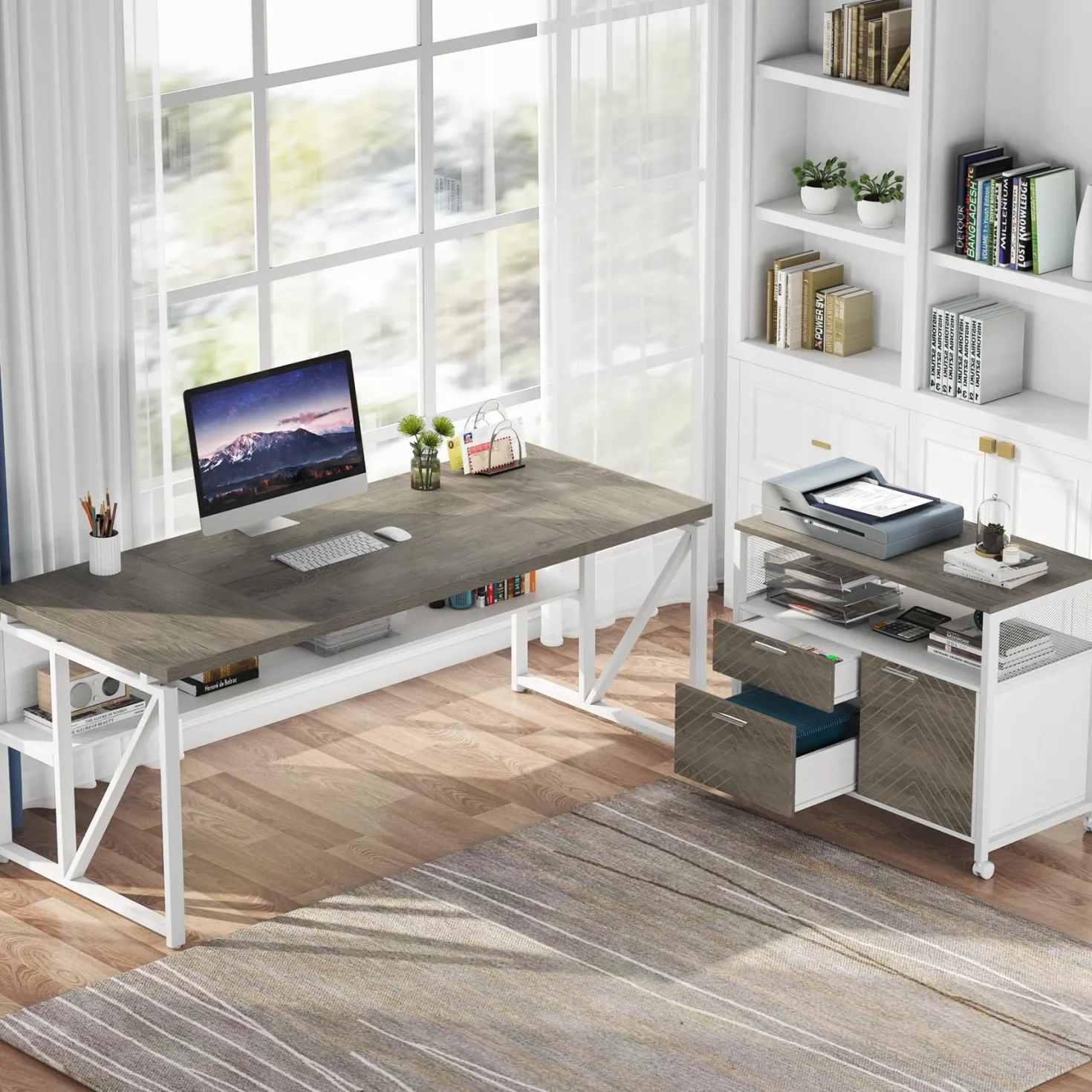 55" / 63" L-Shaped Executive Desk with Storage Shelves and Mobile File Cabinet(2 Drawers and 1 Storage Compartment)