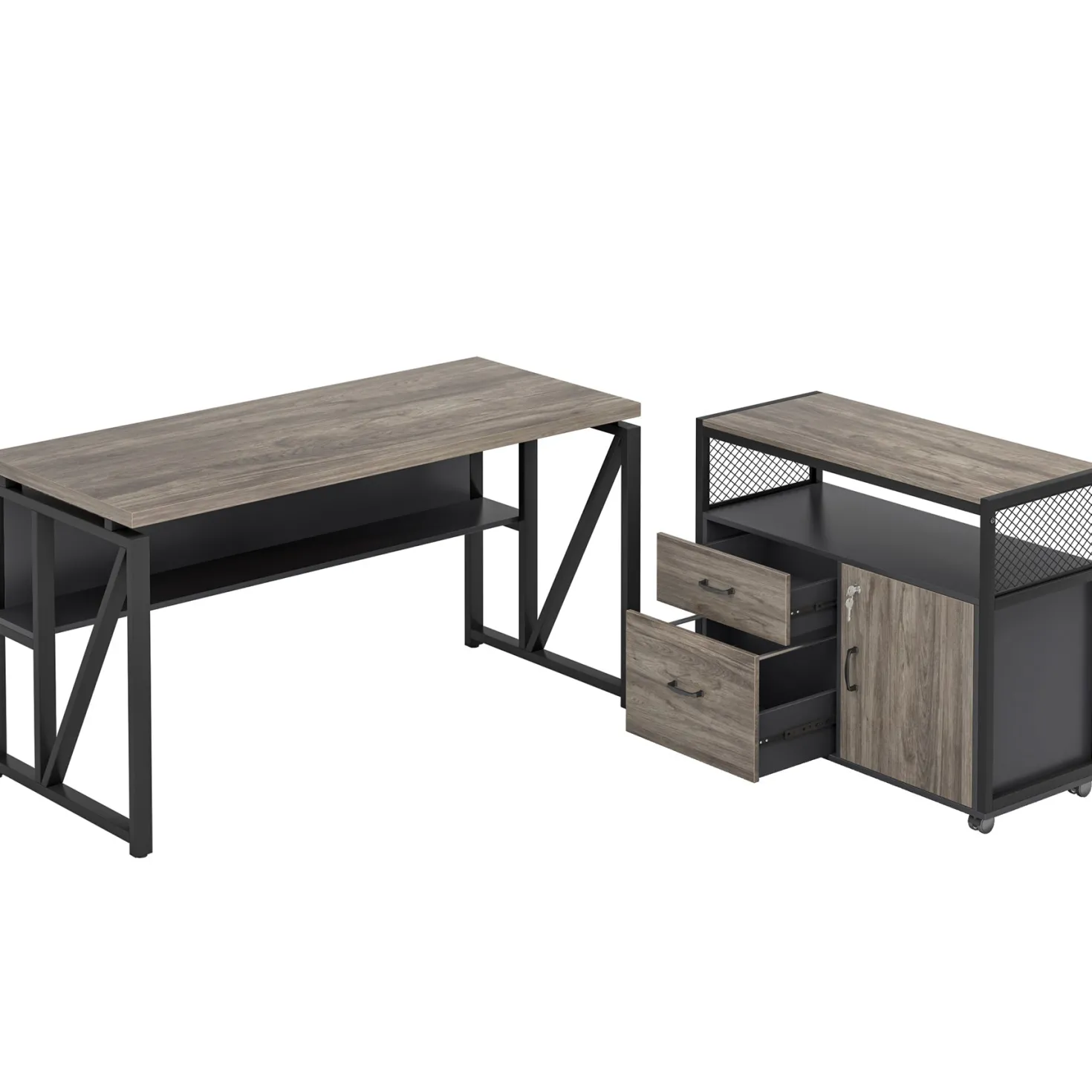 55" / 63" L-Shaped Executive Desk with Storage Shelves and Mobile File Cabinet(2 Drawers and 1 Storage Compartment)