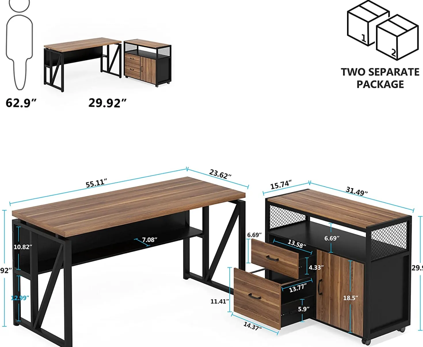 55" / 63" L-Shaped Executive Desk with Storage Shelves and Mobile File Cabinet(2 Drawers and 1 Storage Compartment)
