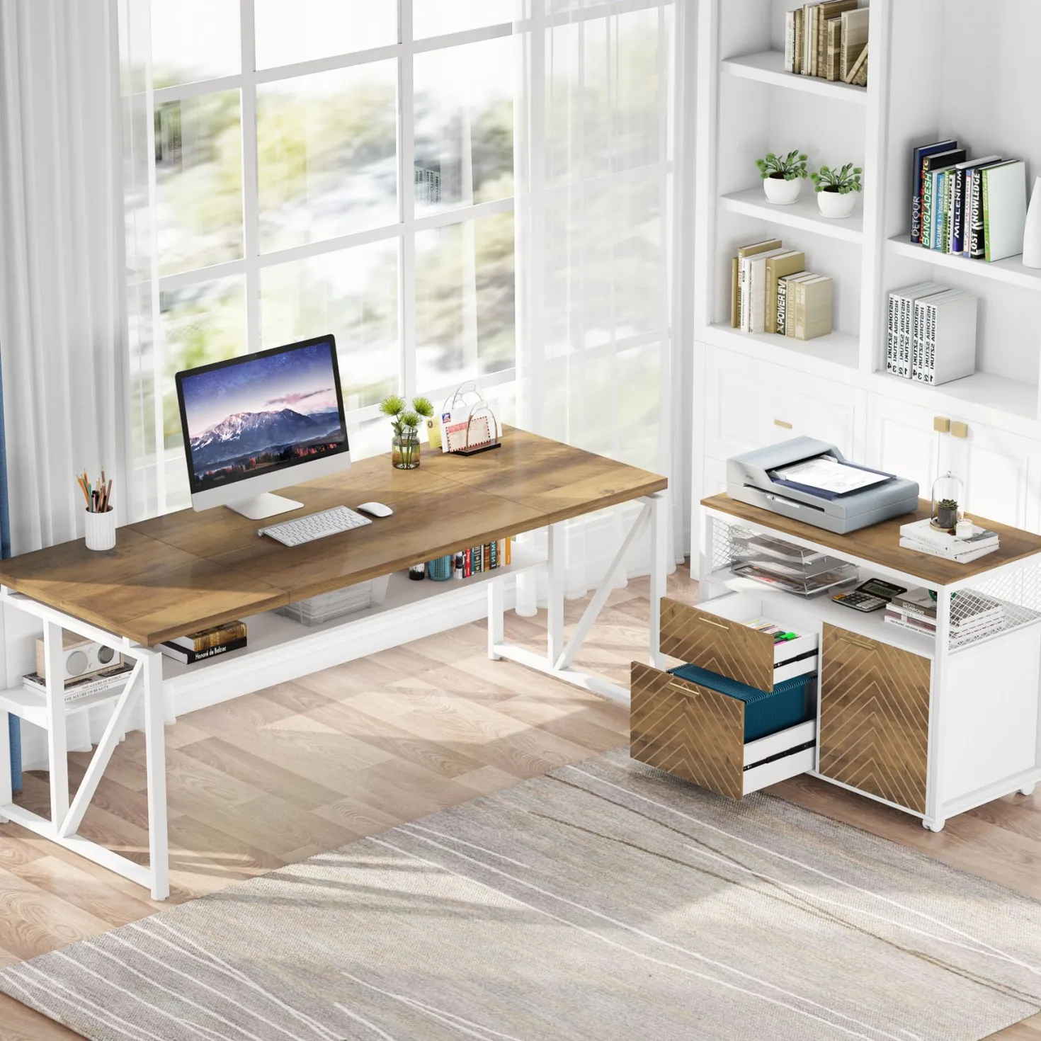 55" / 63" L-Shaped Executive Desk with Storage Shelves and Mobile File Cabinet(2 Drawers and 1 Storage Compartment)
