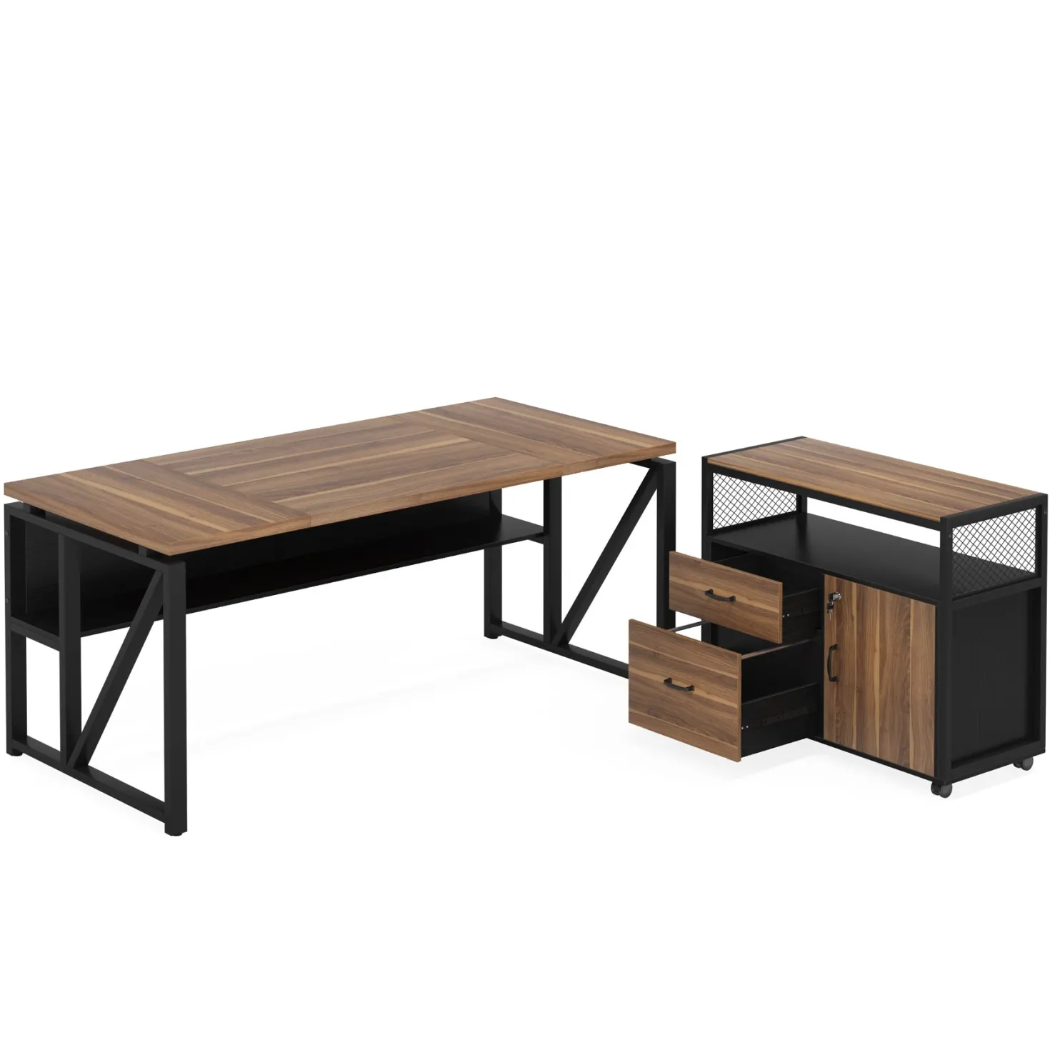 55" / 63" L-Shaped Executive Desk with Storage Shelves and Mobile File Cabinet(2 Drawers and 1 Storage Compartment)