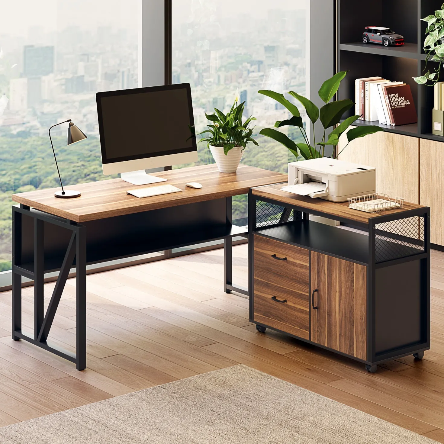 55" / 63" L-Shaped Executive Desk with Storage Shelves and Mobile File Cabinet(2 Drawers and 1 Storage Compartment)