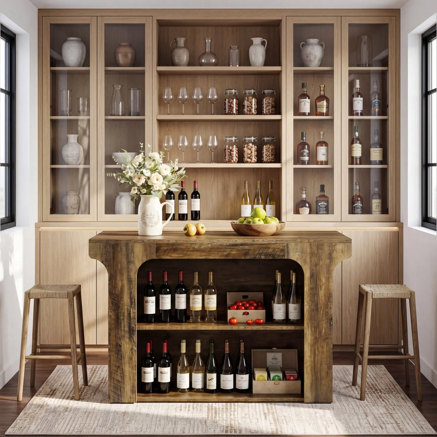 55" Rectangular Bar Table, Island Bar Station with Storage and 2 Shelves