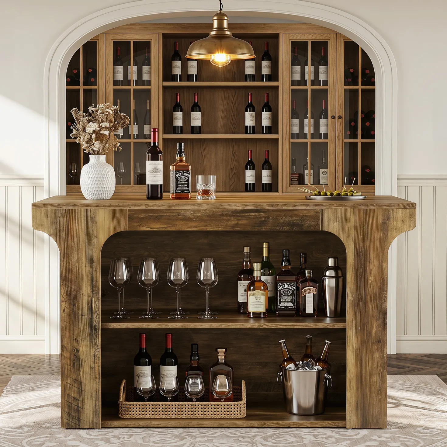 55" Rectangular Bar Table, Island Bar Station with Storage and 2 Shelves