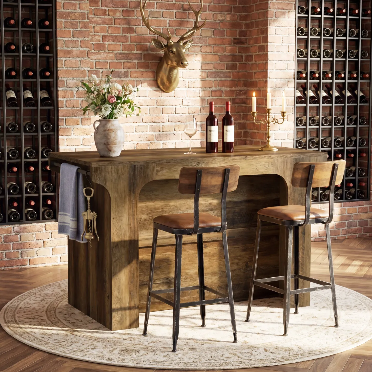 55" Rectangular Bar Table, Island Bar Station with Storage and 2 Shelves