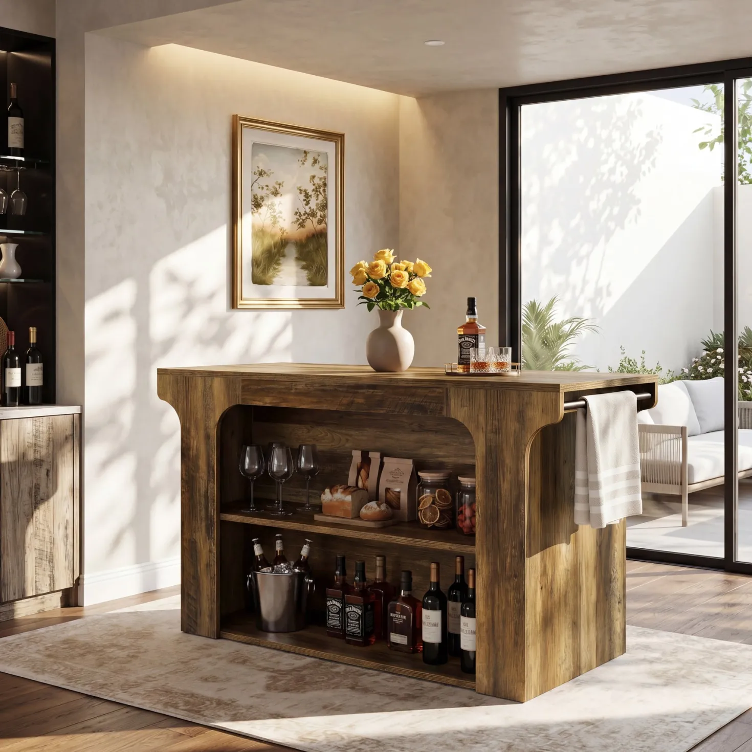55" Rectangular Bar Table, Island Bar Station with Storage and 2 Shelves