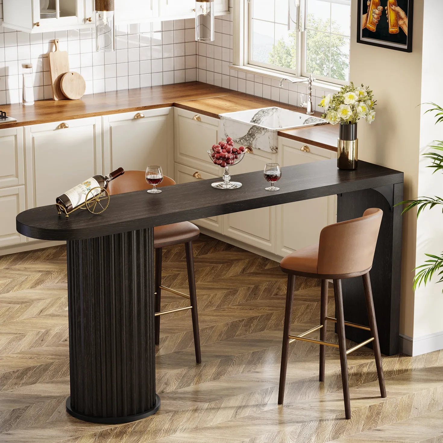 63" Bar Table, Counter Height Pub Table with Fluted Cylindrical Base