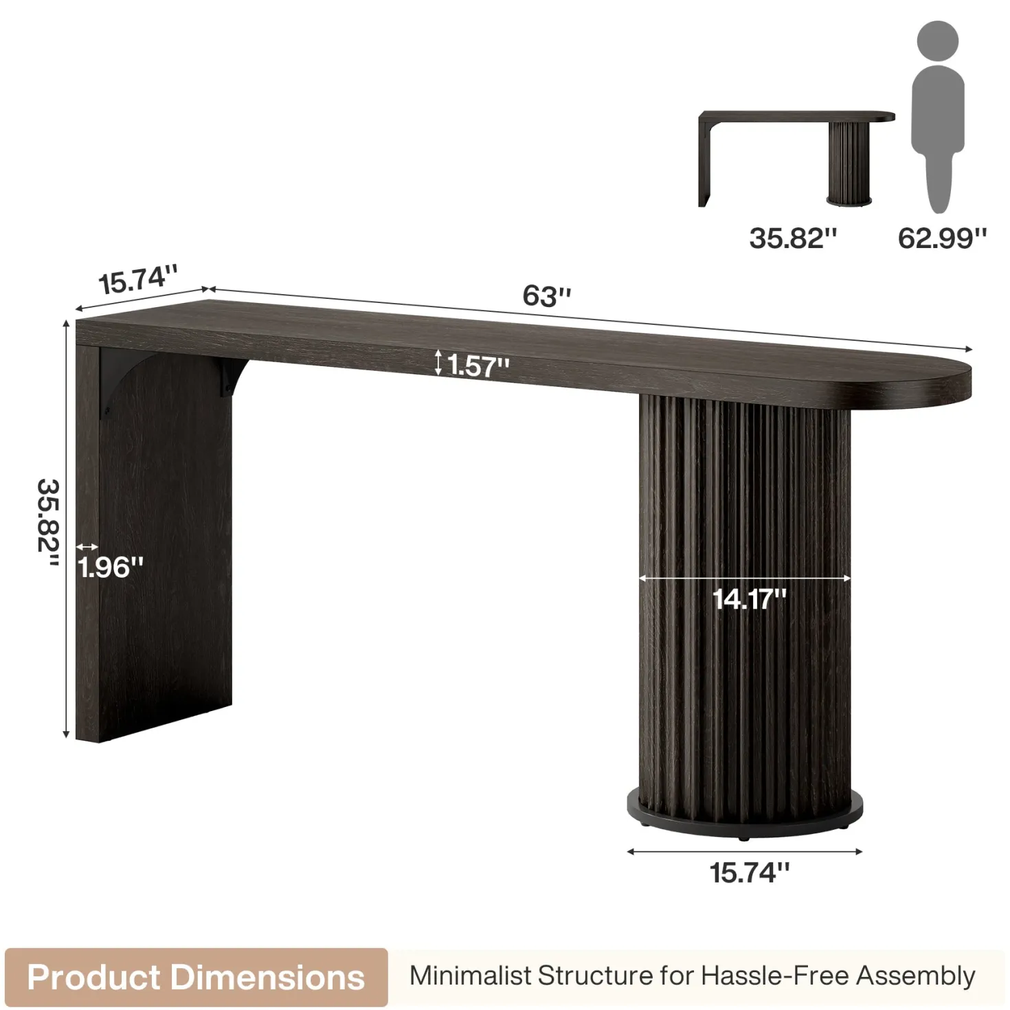 63" Bar Table, Counter Height Pub Table with Fluted Cylindrical Base