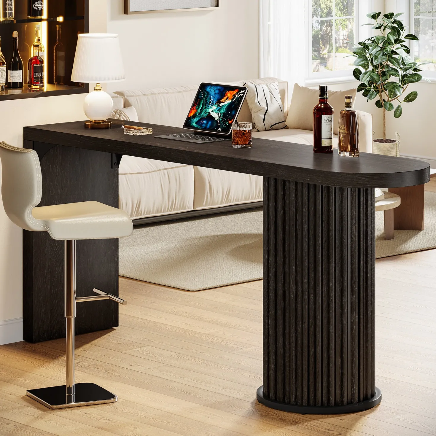 63" Bar Table, Counter Height Pub Table with Fluted Cylindrical Base