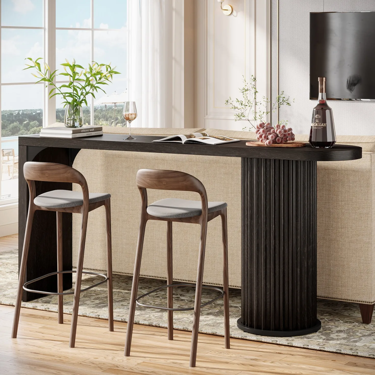 63" Bar Table, Counter Height Pub Table with Fluted Cylindrical Base