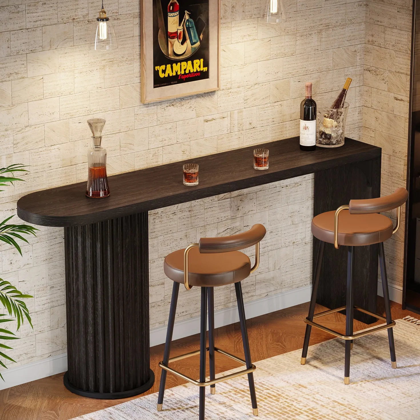 63" Bar Table, Counter Height Pub Table with Fluted Cylindrical Base