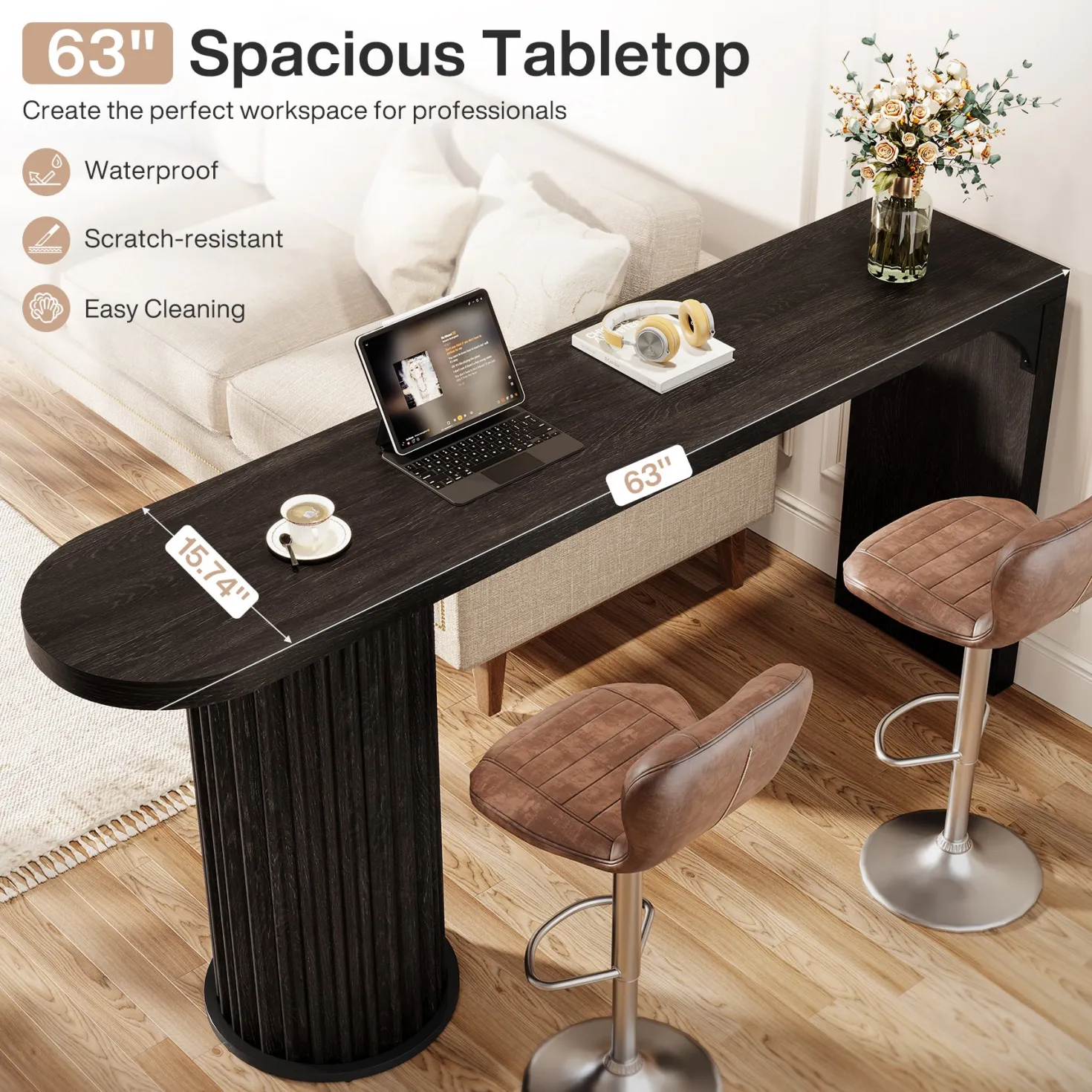 63" Bar Table, Counter Height Pub Table with Fluted Cylindrical Base