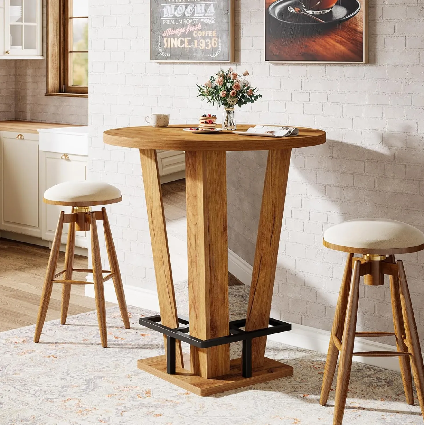 31.5" Bar Table, High Top Cocktail Bistro Pub Table with Metal Footrest