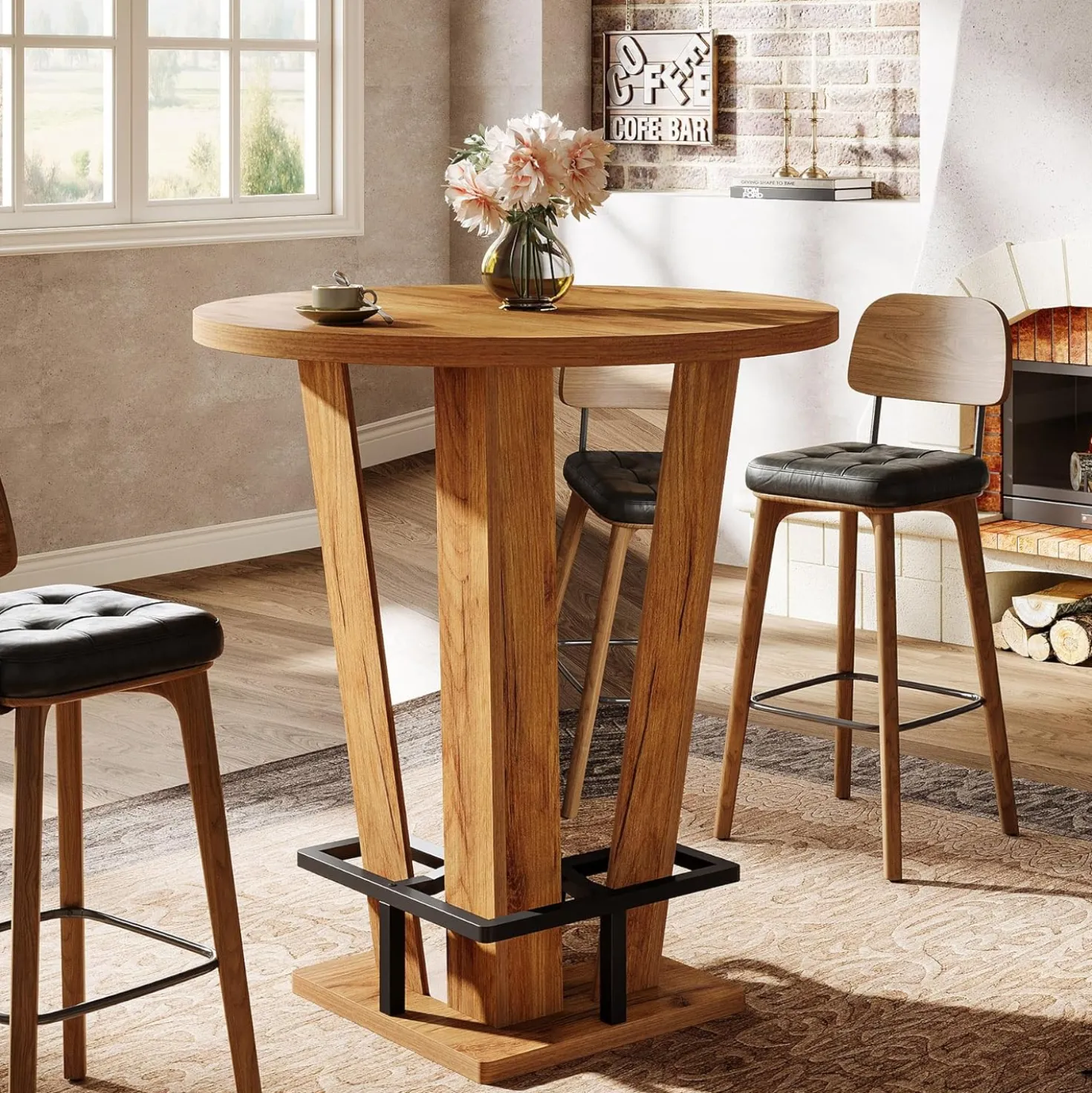 31.5" Bar Table, High Top Cocktail Bistro Pub Table with Metal Footrest
