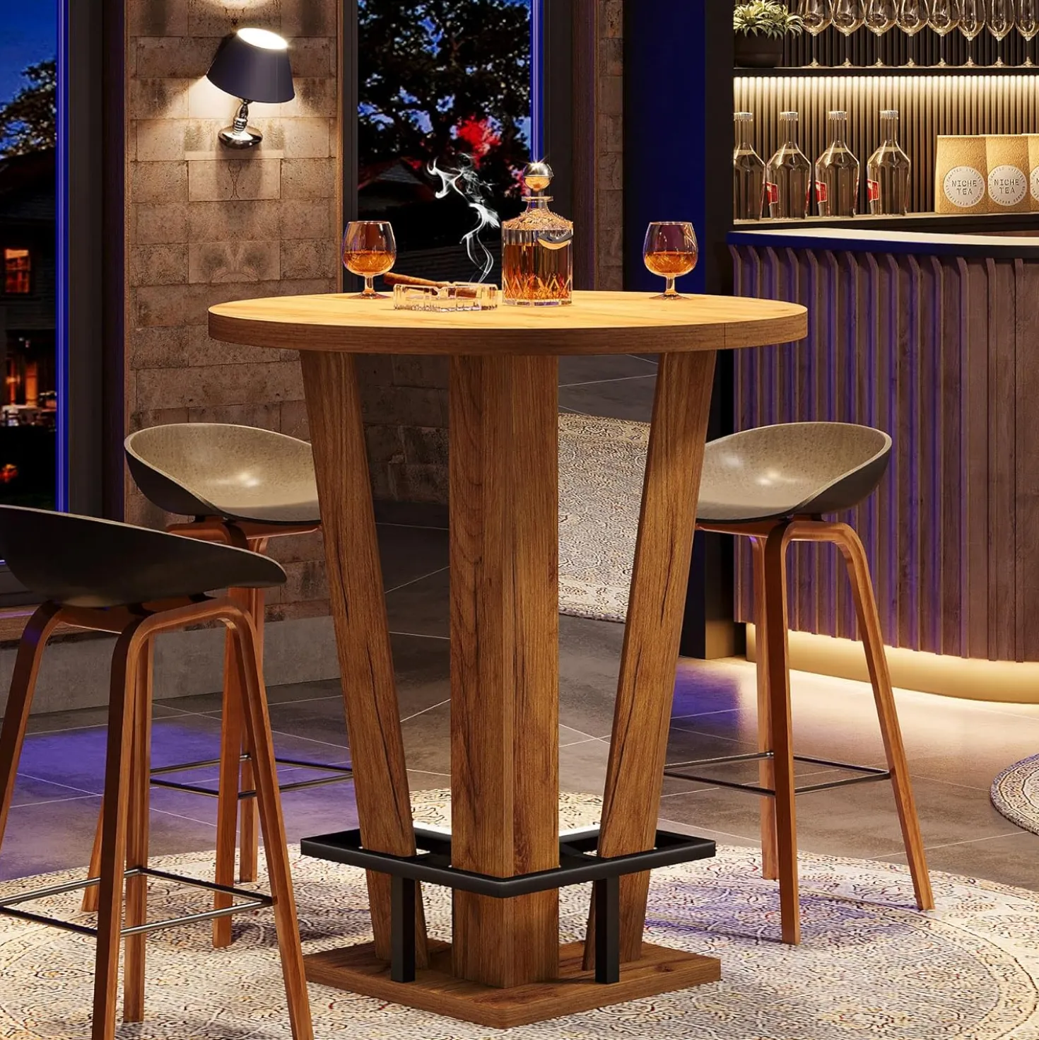 31.5" Bar Table, High Top Cocktail Bistro Pub Table with Metal Footrest
