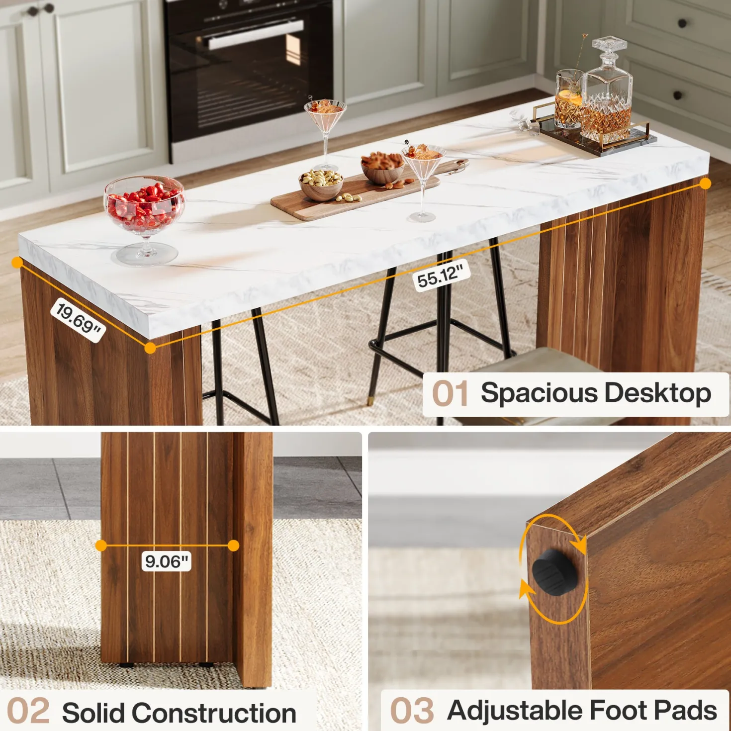 55" Bar Table, Moedern Counter Height Pub Table with Faux Marble Tabletop