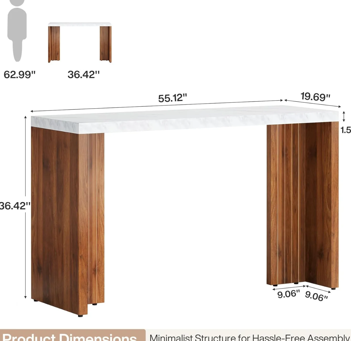 55" Bar Table, Moedern Counter Height Pub Table with Faux Marble Tabletop