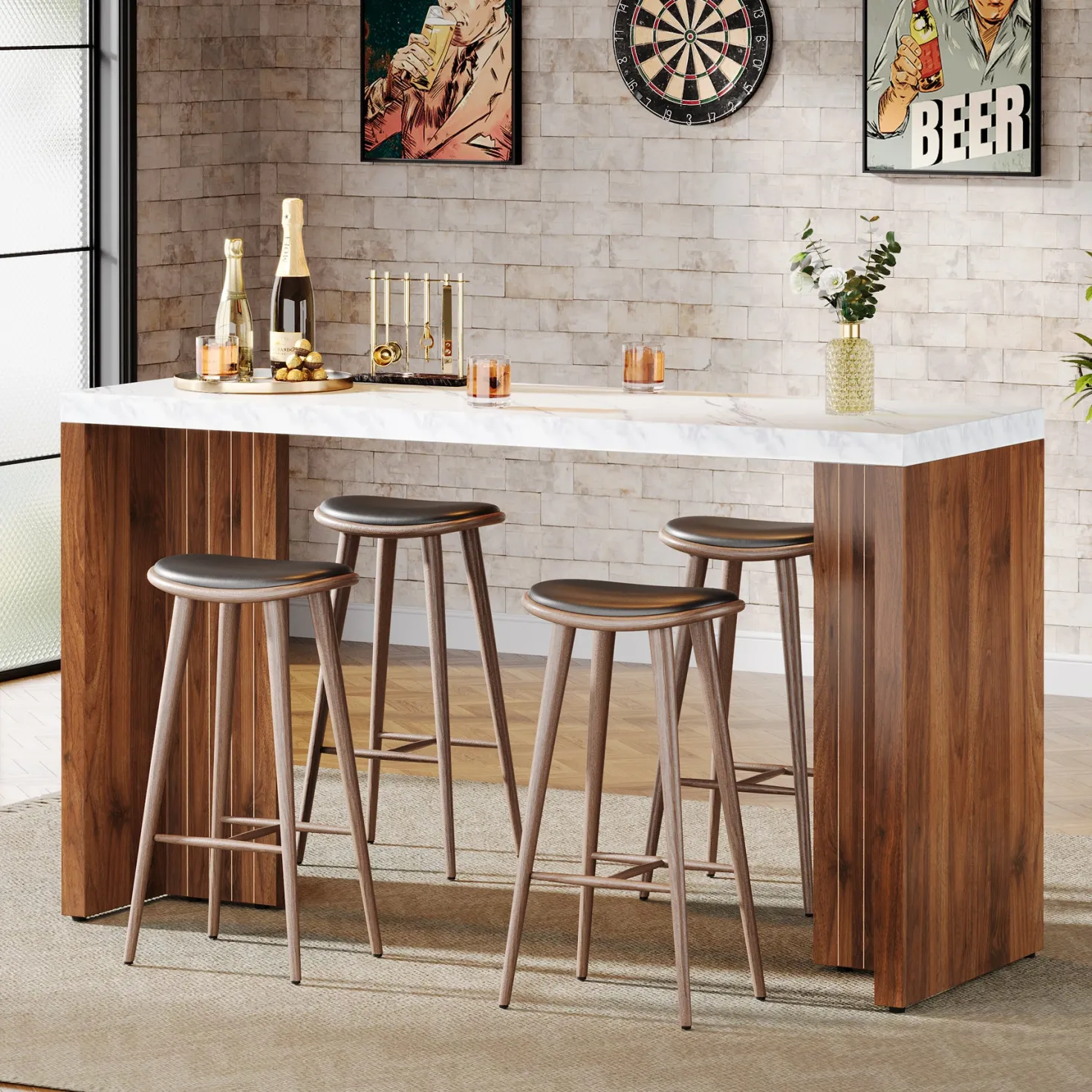 55" Bar Table, Moedern Counter Height Pub Table with Faux Marble Tabletop
