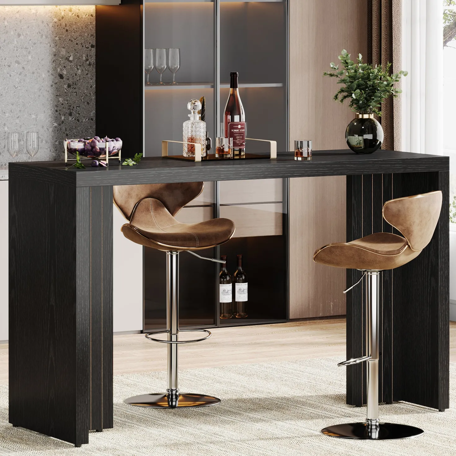 55" Bar Table, Moedern Counter Height Pub Table with Faux Marble Tabletop