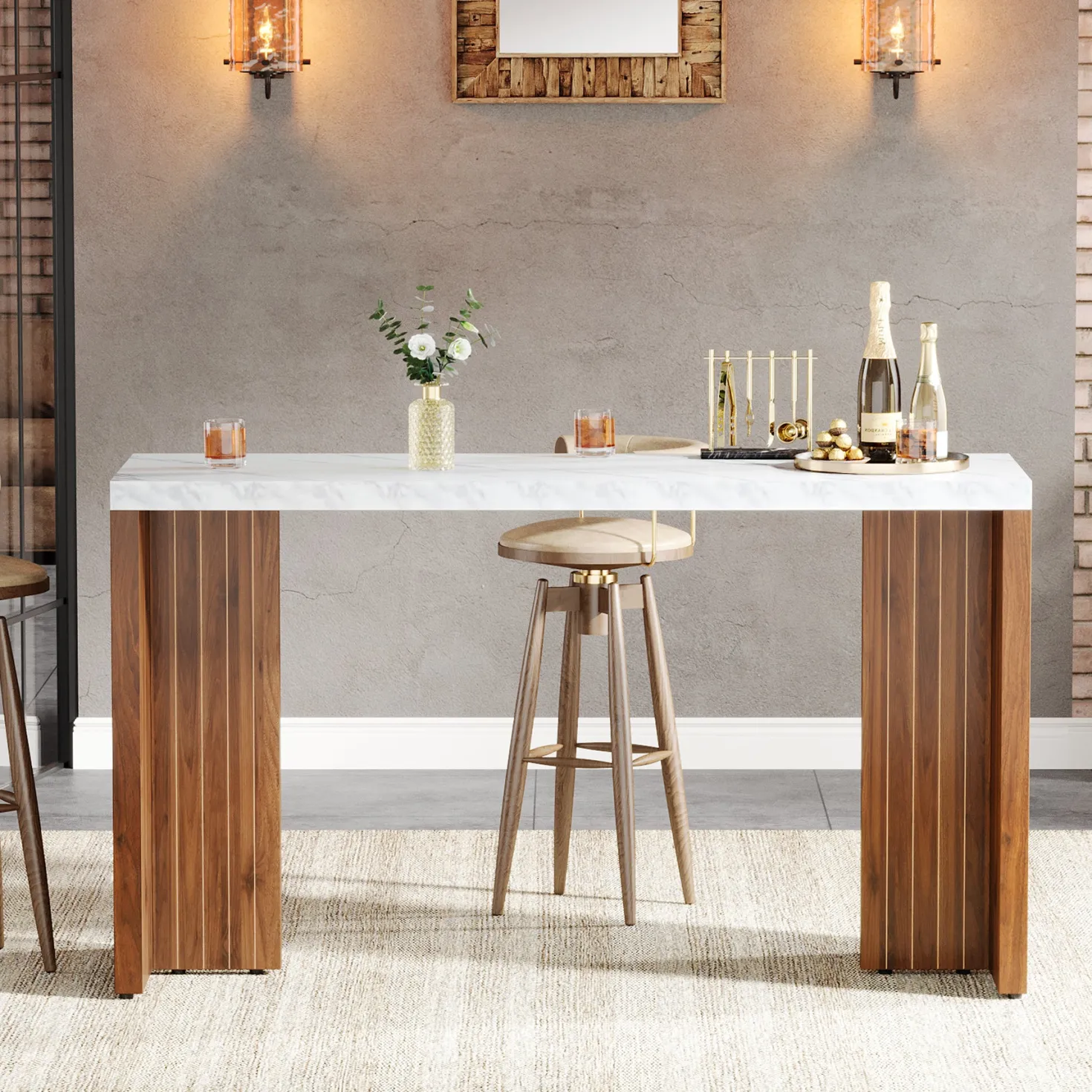 55" Bar Table, Moedern Counter Height Pub Table with Faux Marble Tabletop