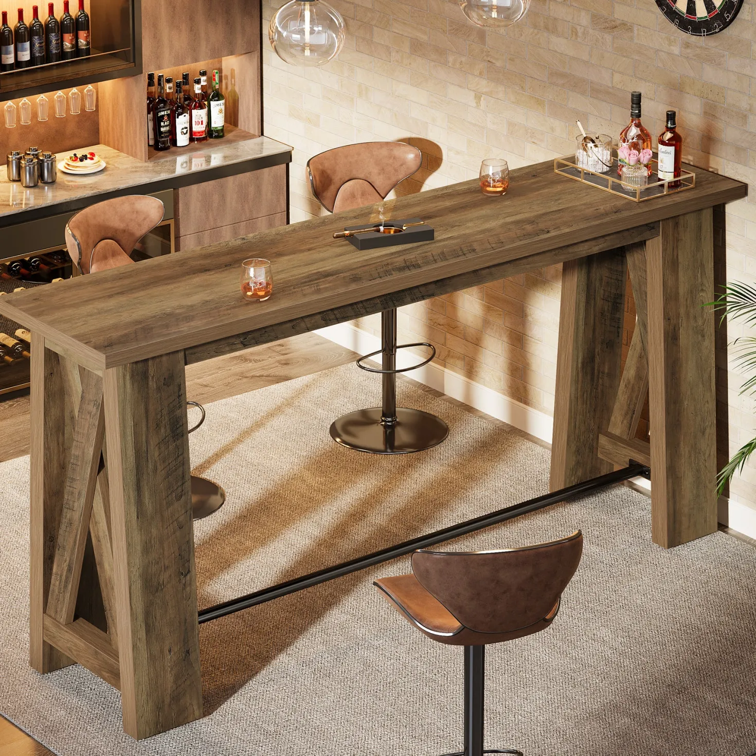 63" Bar Table, Rectangular Counter Height Pub Table with X-Frame Legs