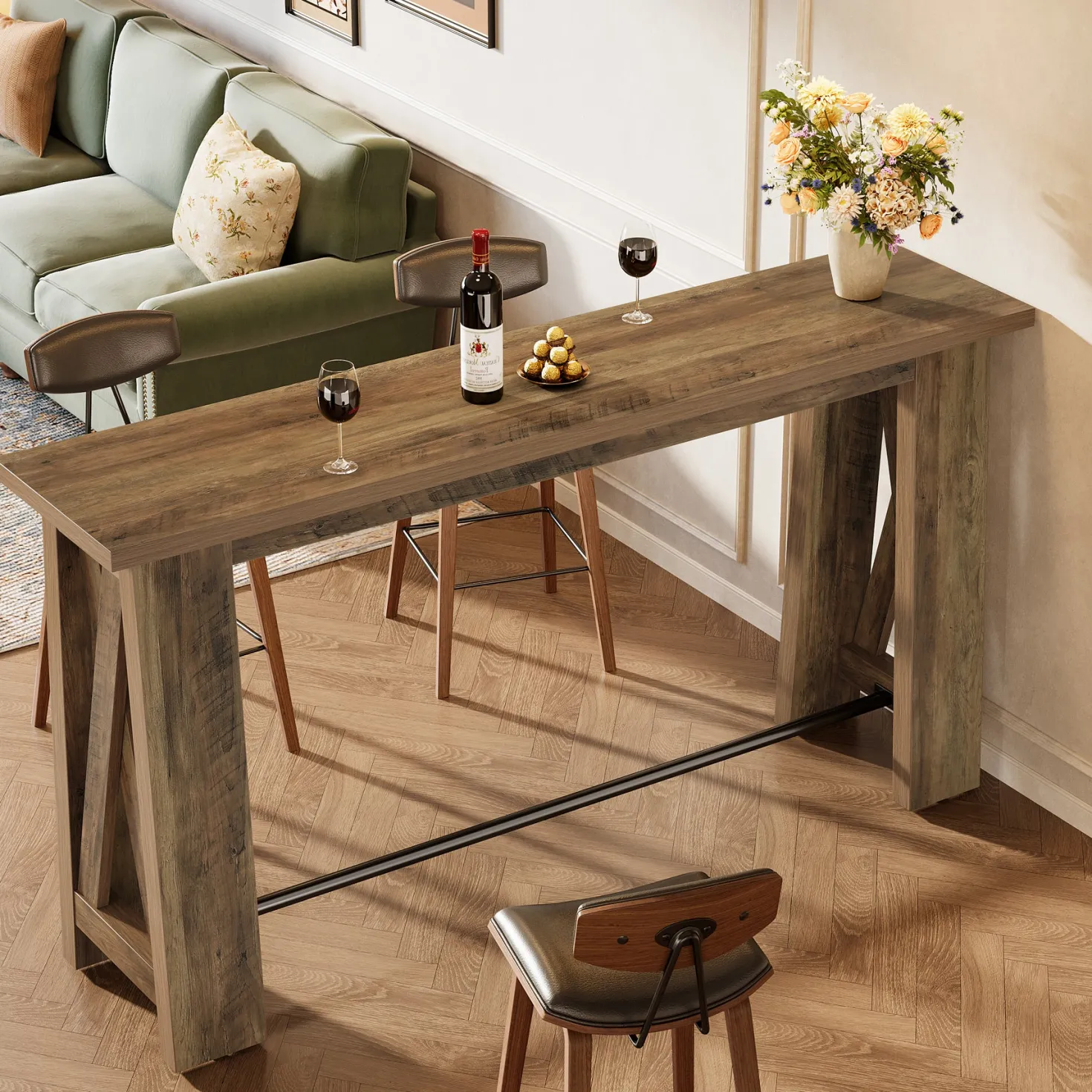 63" Bar Table, Rectangular Counter Height Pub Table with X-Frame Legs