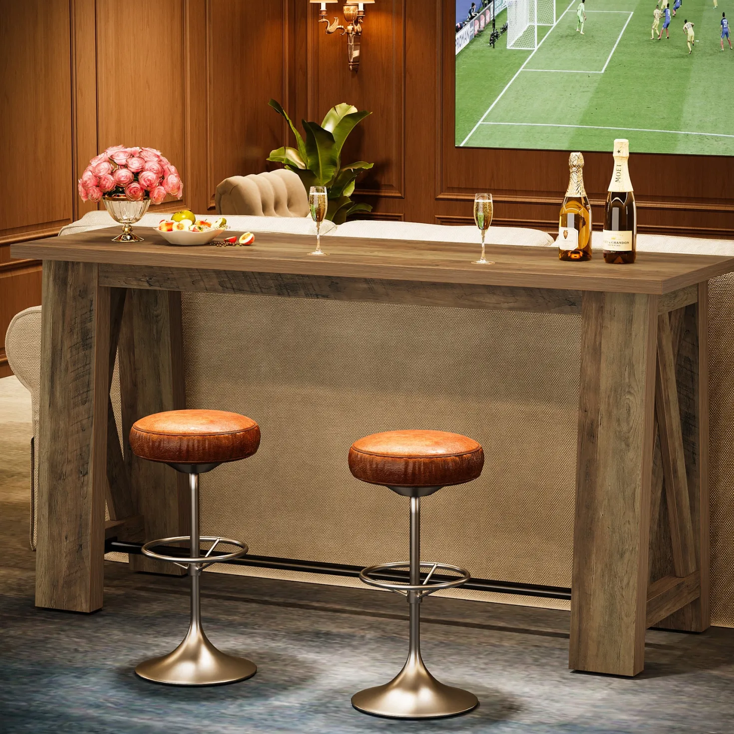 63" Bar Table, Rectangular Counter Height Pub Table with X-Frame Legs