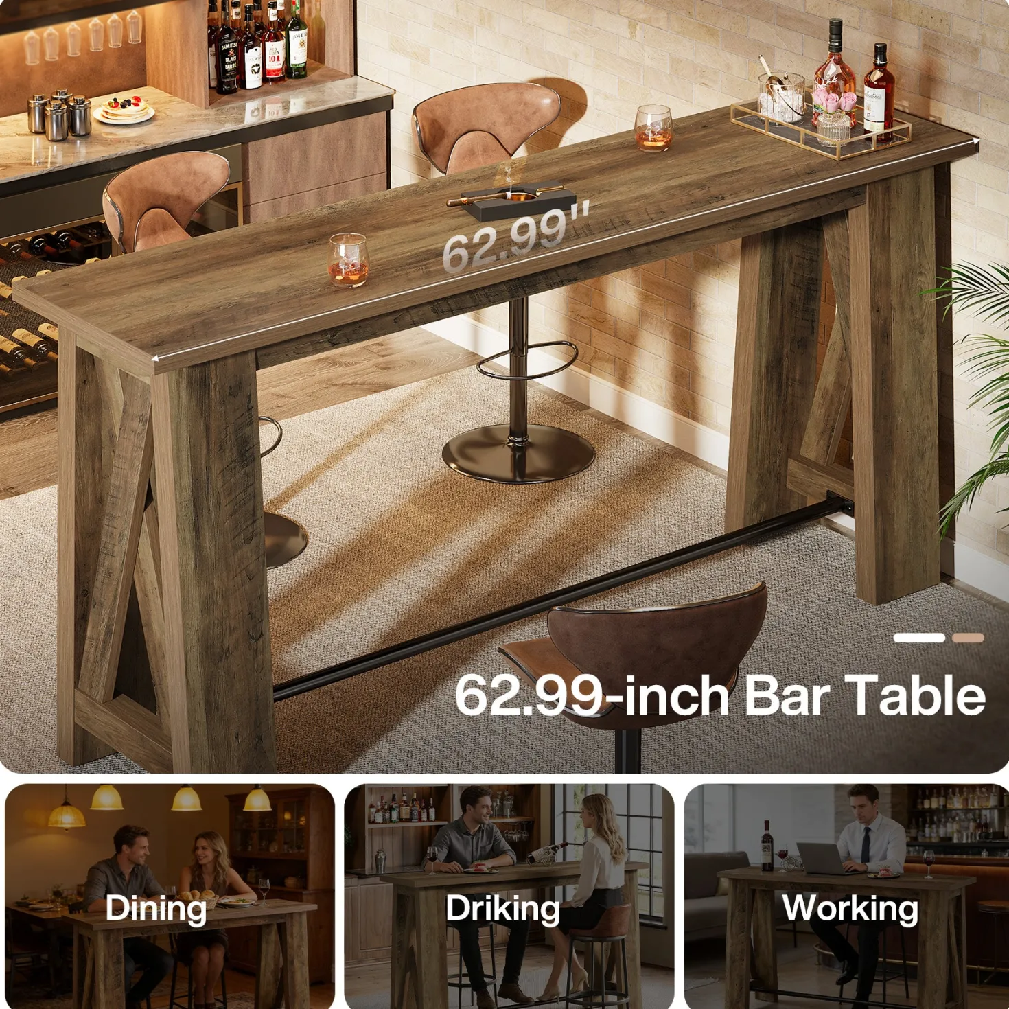 63" Bar Table, Rectangular Counter Height Pub Table with X-Frame Legs