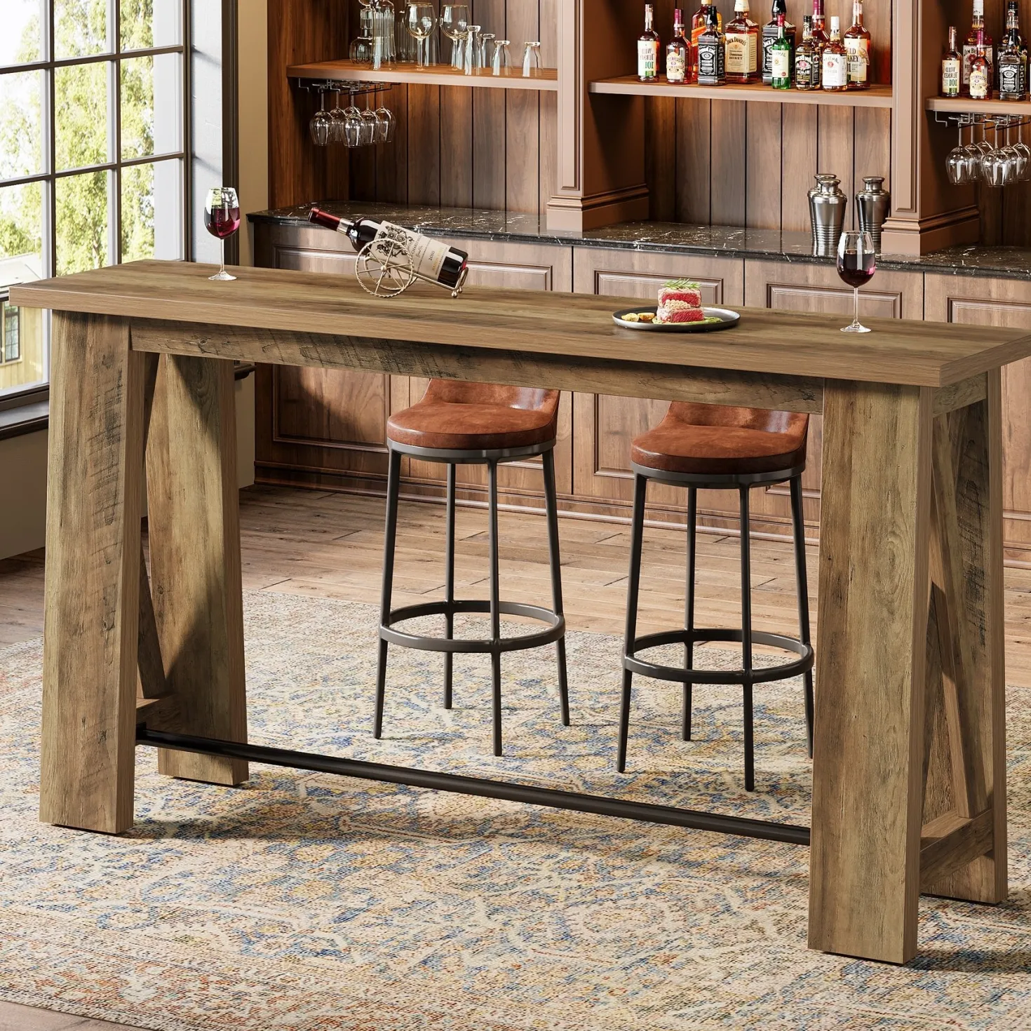 63" Bar Table, Rectangular Counter Height Pub Table with X-Frame Legs