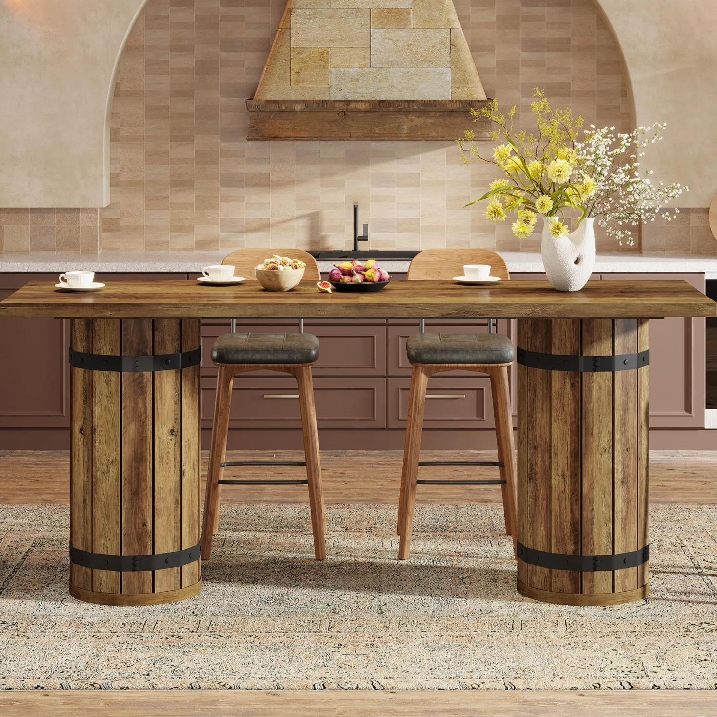 70.9" Bar Table, Rectangular Counter Height Pub Table with Fence Pedestal Base