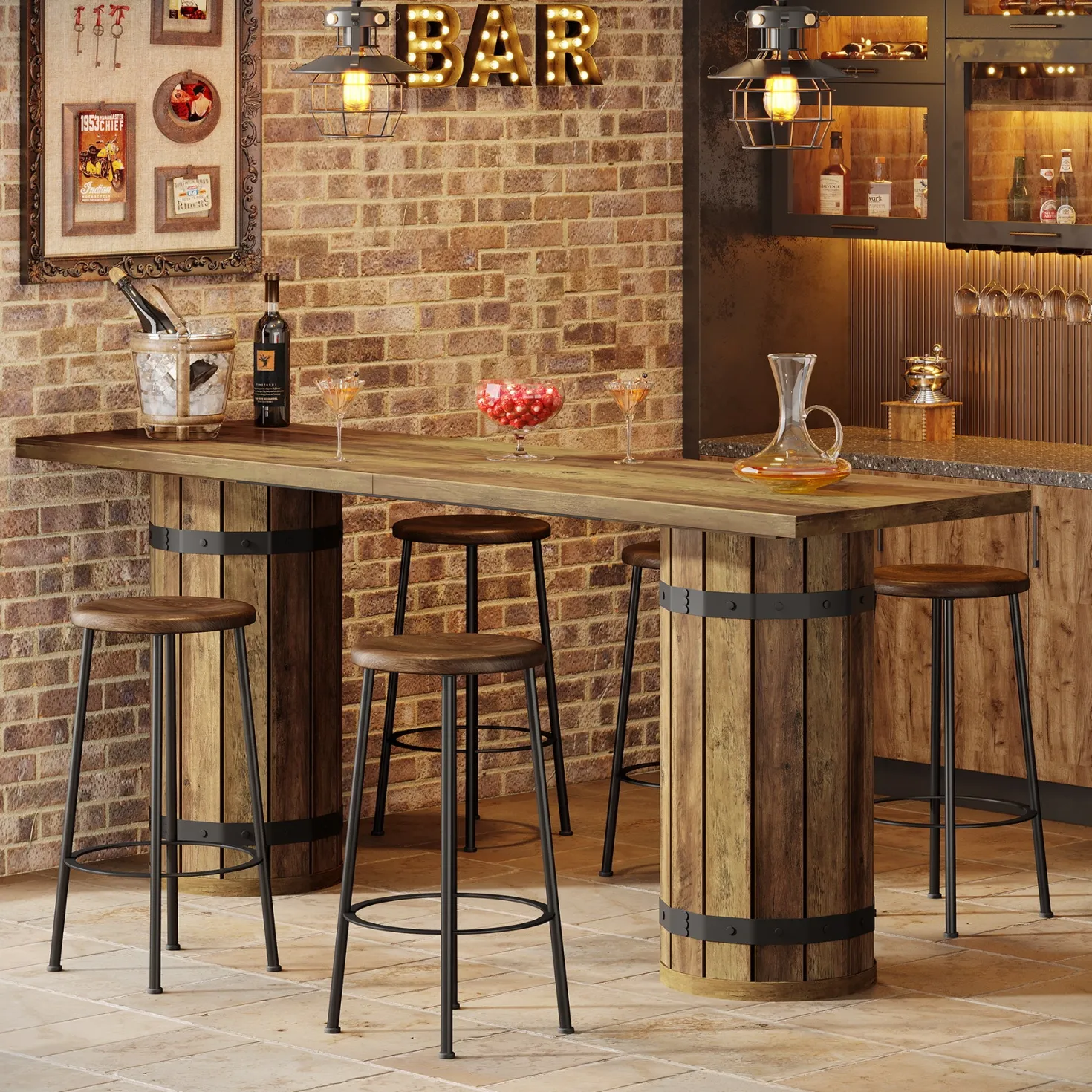 70.9" Bar Table, Rectangular Counter Height Pub Table with Fence Pedestal Base