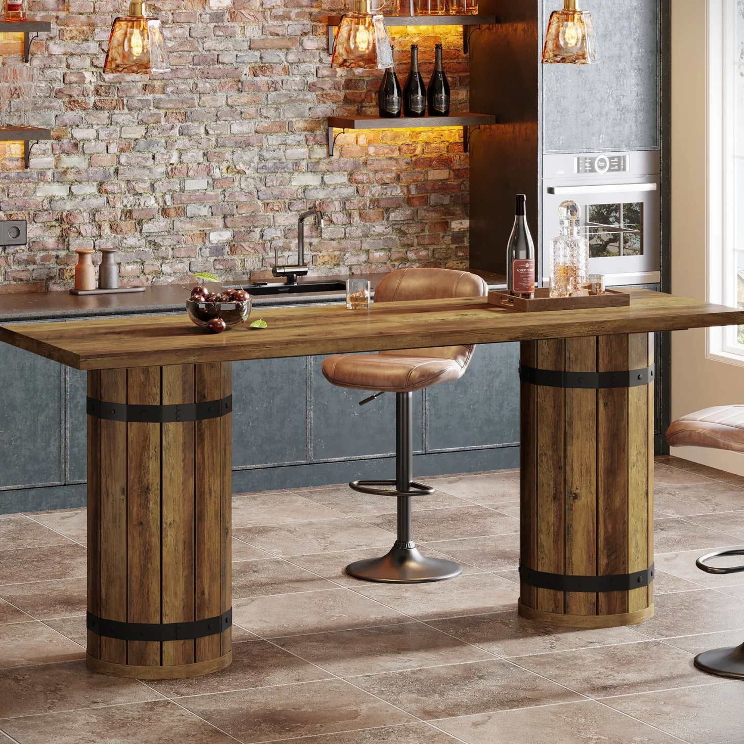 70.9" Bar Table, Rectangular Counter Height Pub Table with Fence Pedestal Base