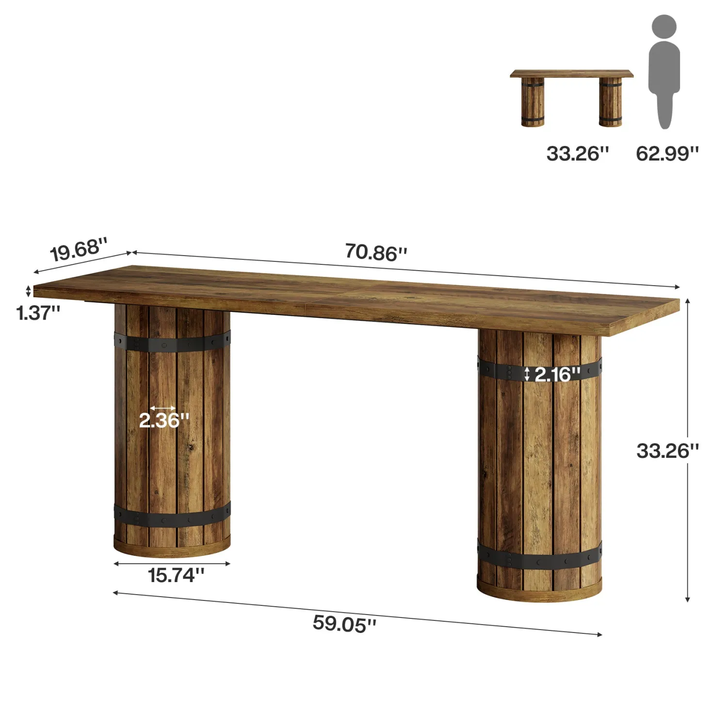 70.9" Bar Table, Rectangular Counter Height Pub Table with Fence Pedestal Base