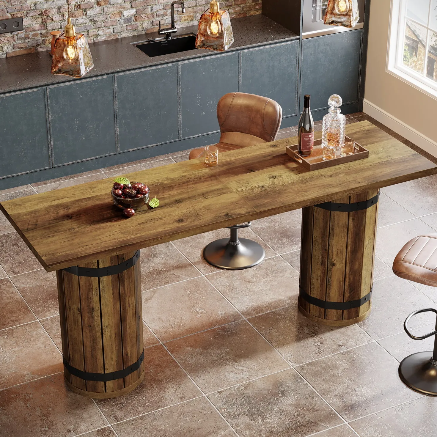 70.9" Bar Table, Rectangular Counter Height Pub Table with Fence Pedestal Base