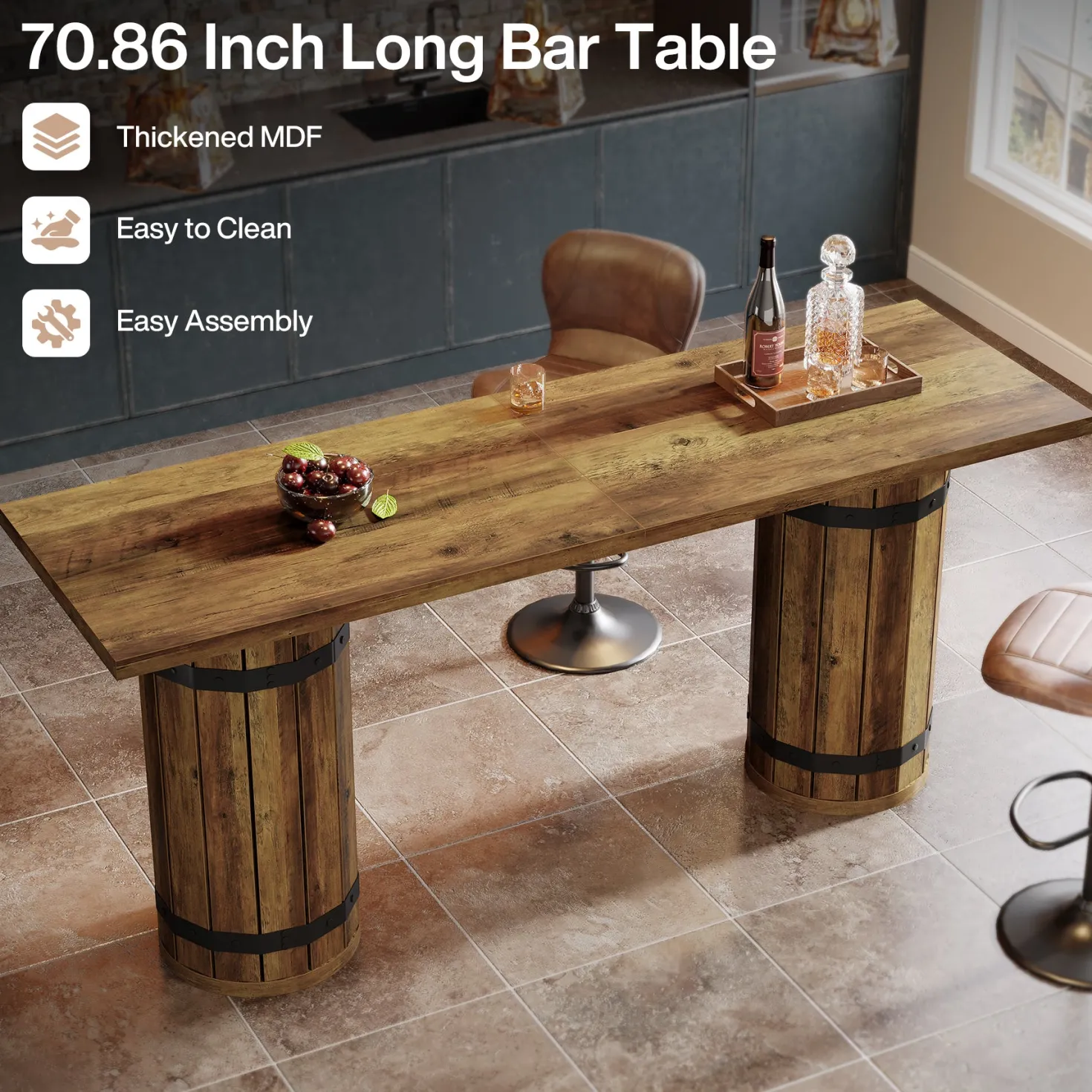 70.9" Bar Table, Rectangular Counter Height Pub Table with Fence Pedestal Base