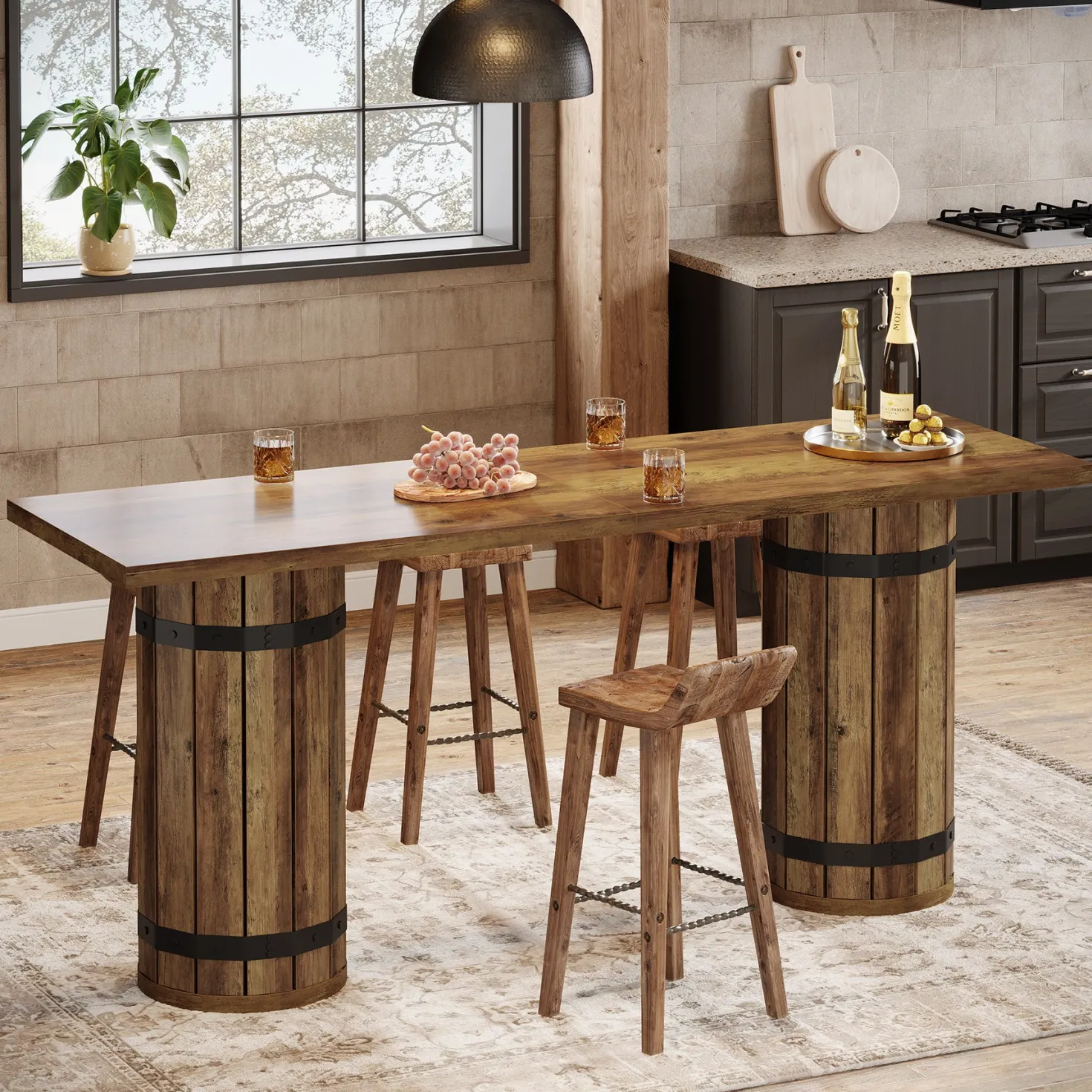 70.9" Bar Table, Rectangular Counter Height Pub Table with Fence Pedestal Base