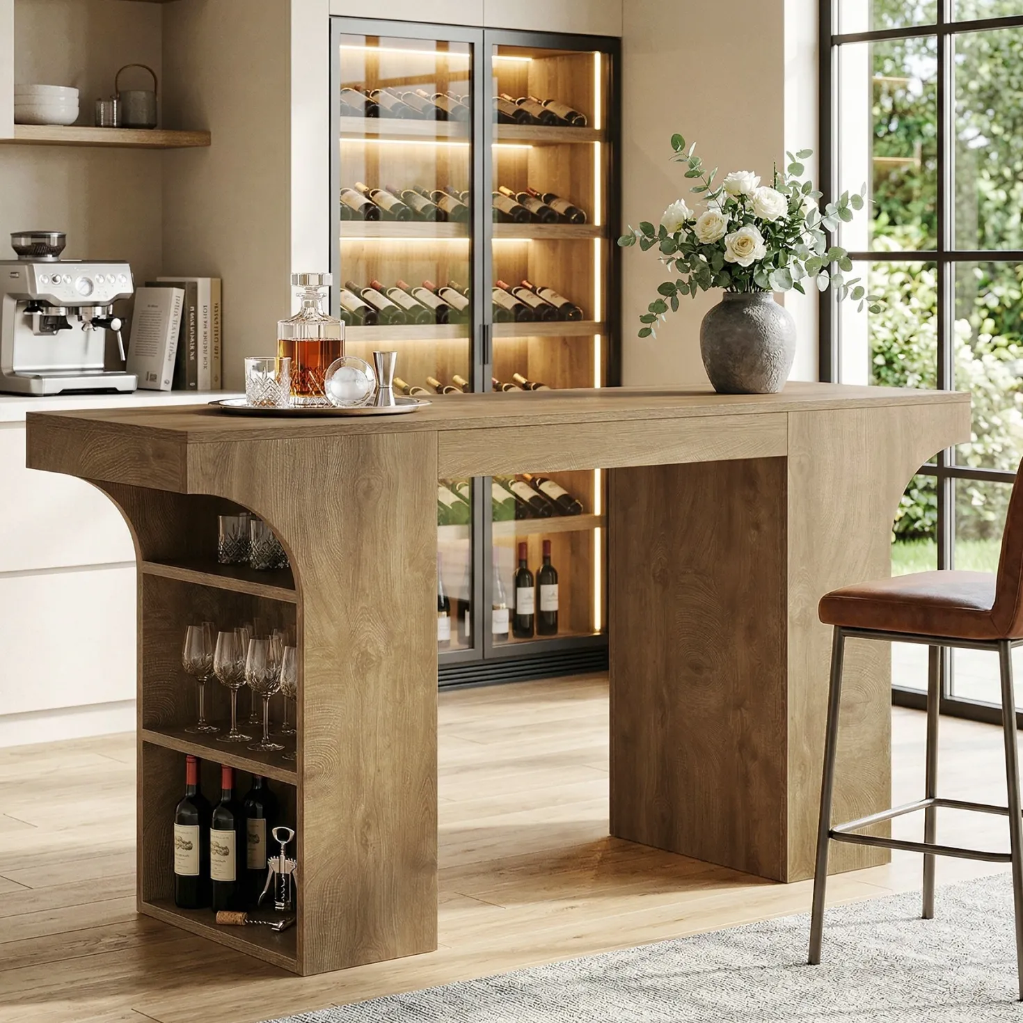 63" Bar Table, Rectangular Counter Height Pub Table with Storage Shelves