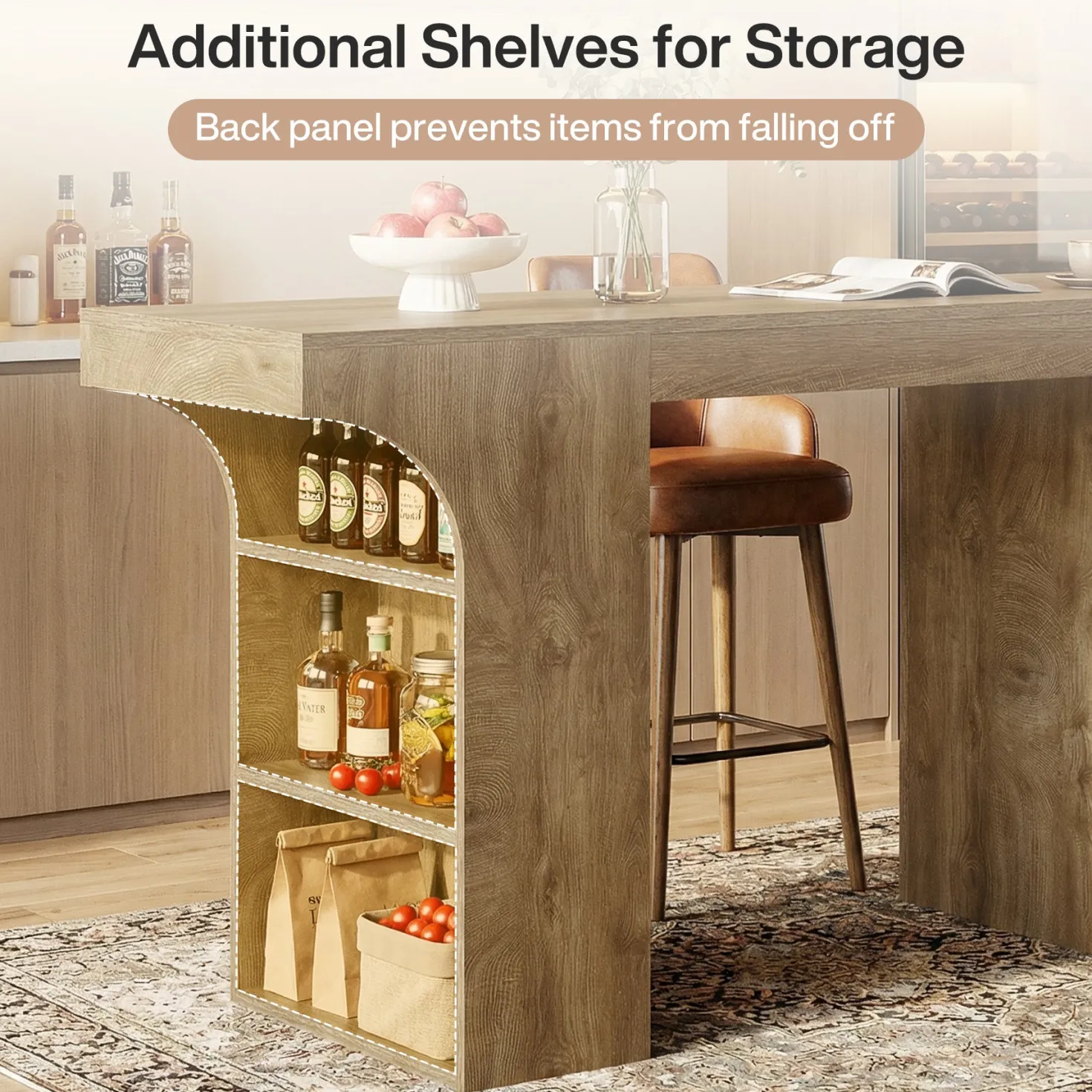 63" Bar Table, Rectangular Counter Height Pub Table with Storage Shelves