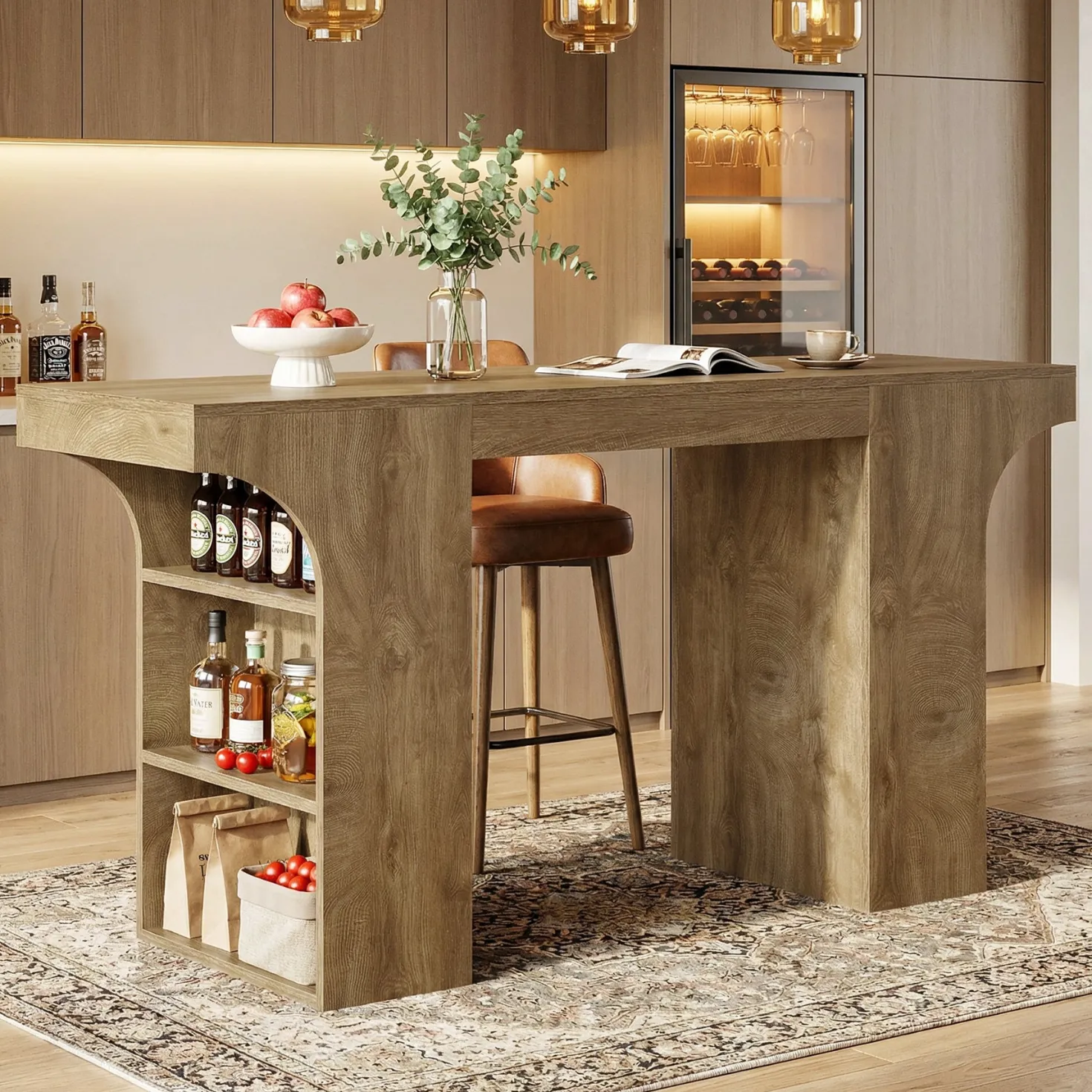 63" Bar Table, Rectangular Counter Height Pub Table with Storage Shelves