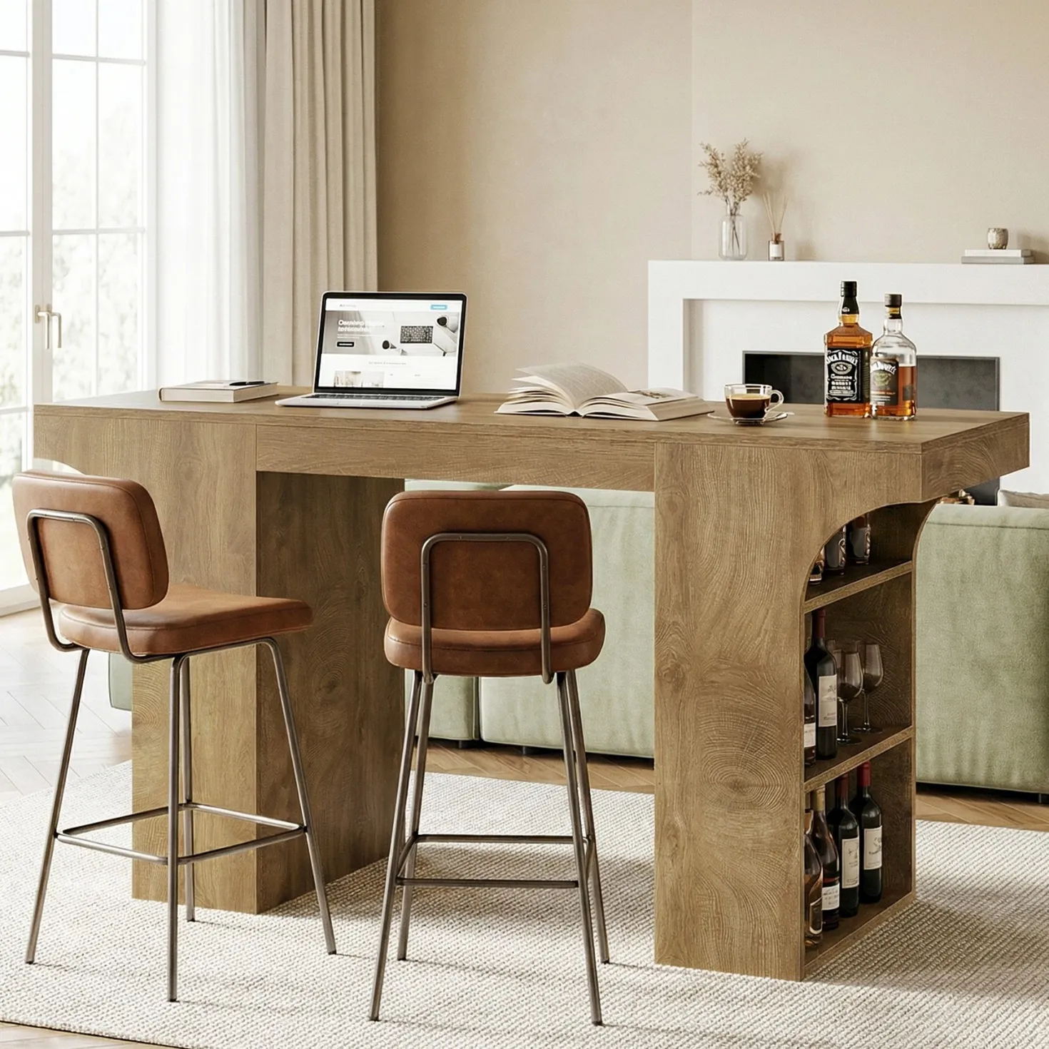 63" Bar Table, Rectangular Counter Height Pub Table with Storage Shelves