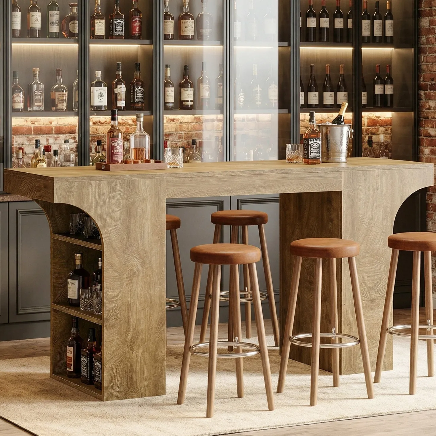 63" Bar Table, Rectangular Counter Height Pub Table with Storage Shelves