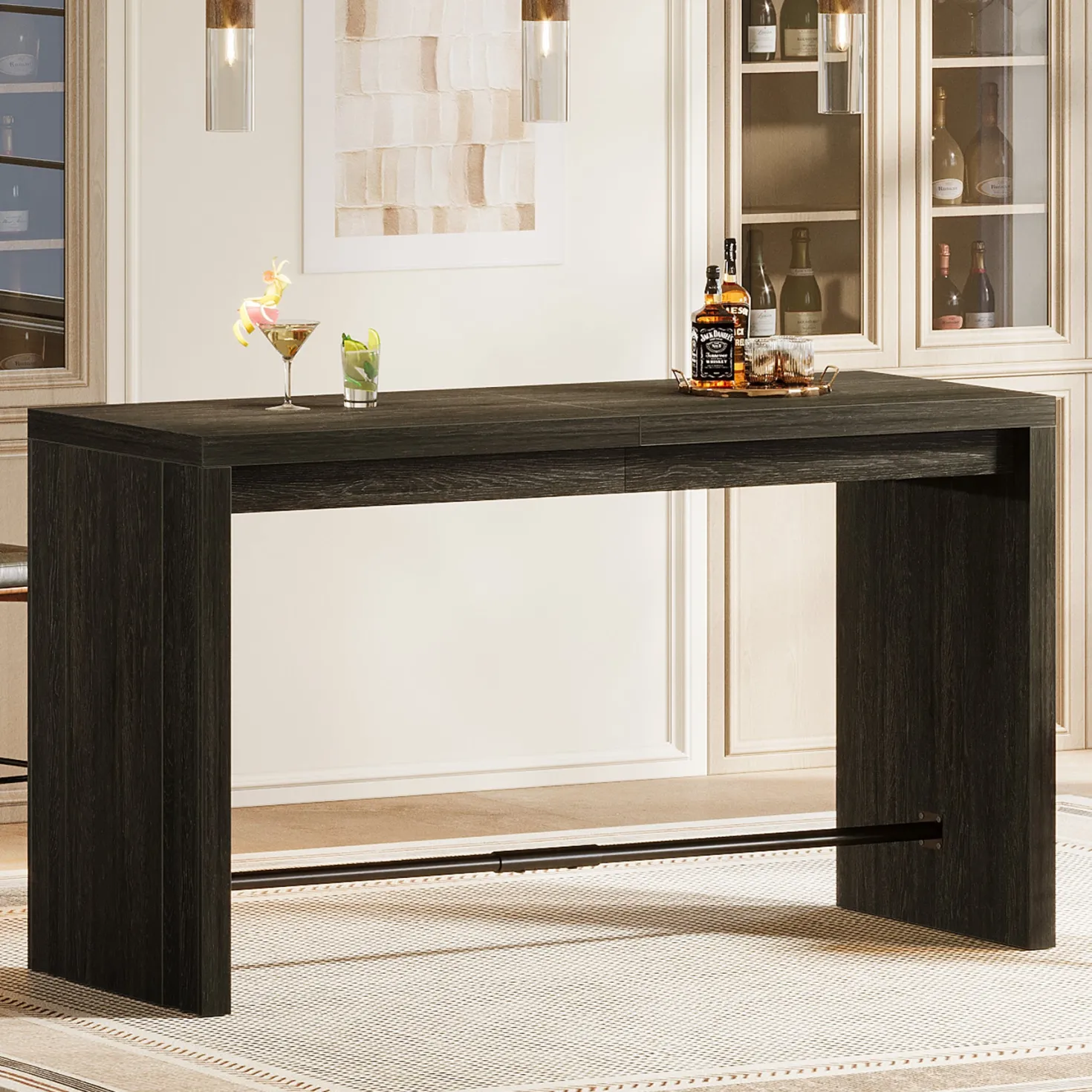 63" Bar Table, Rectangular Counter Height Pub Table with Metal Footrest
