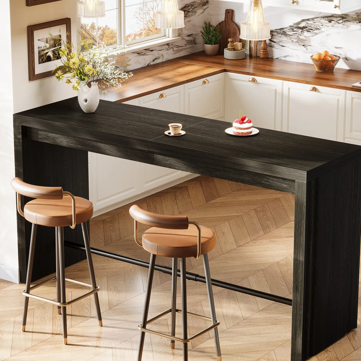 63" Bar Table, Rectangular Counter Height Pub Table with Metal Footrest