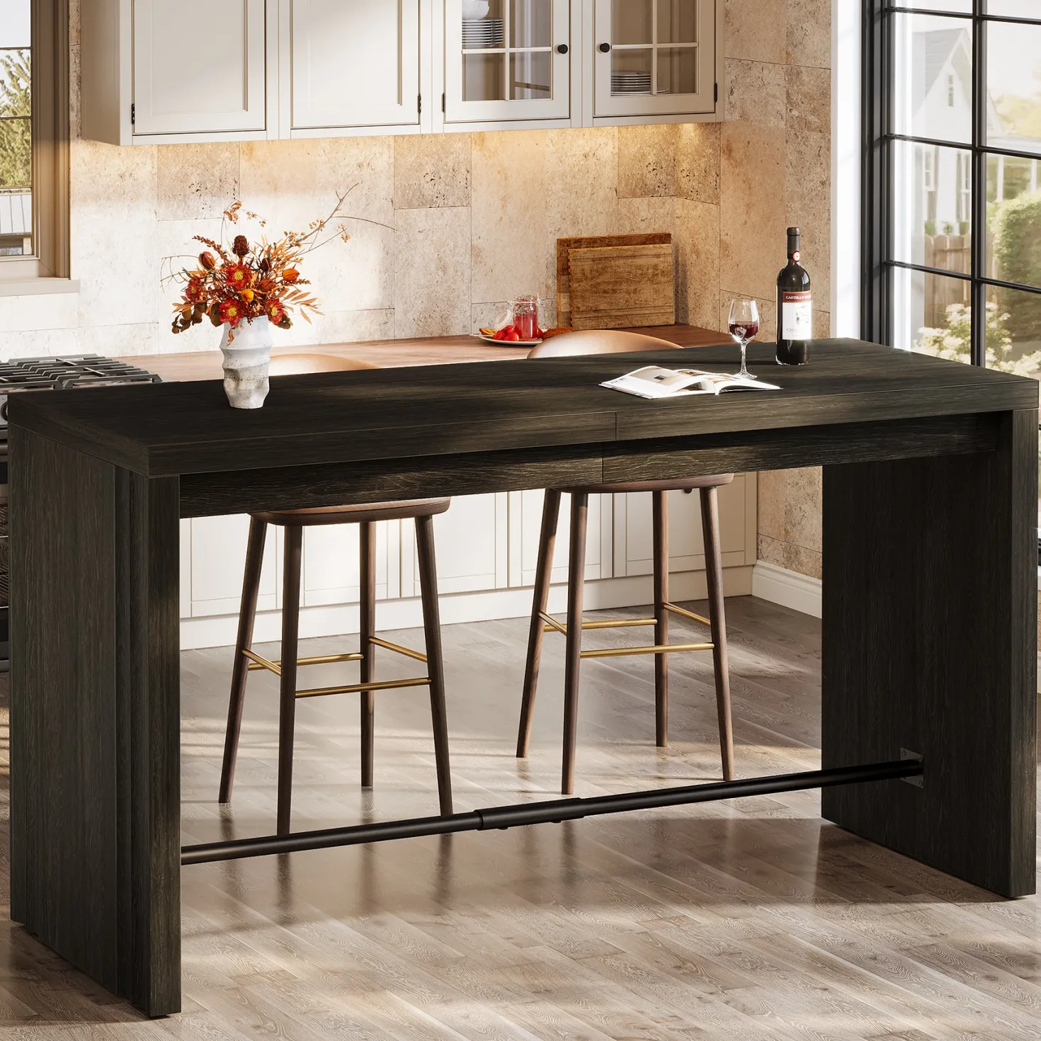 63" Bar Table, Rectangular Counter Height Pub Table with Metal Footrest