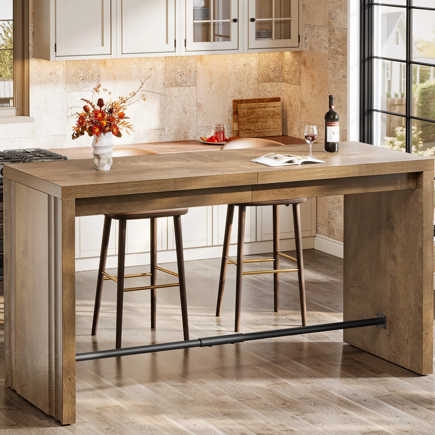 63" Bar Table, Rectangular Counter Height Pub Table with Metal Footrest