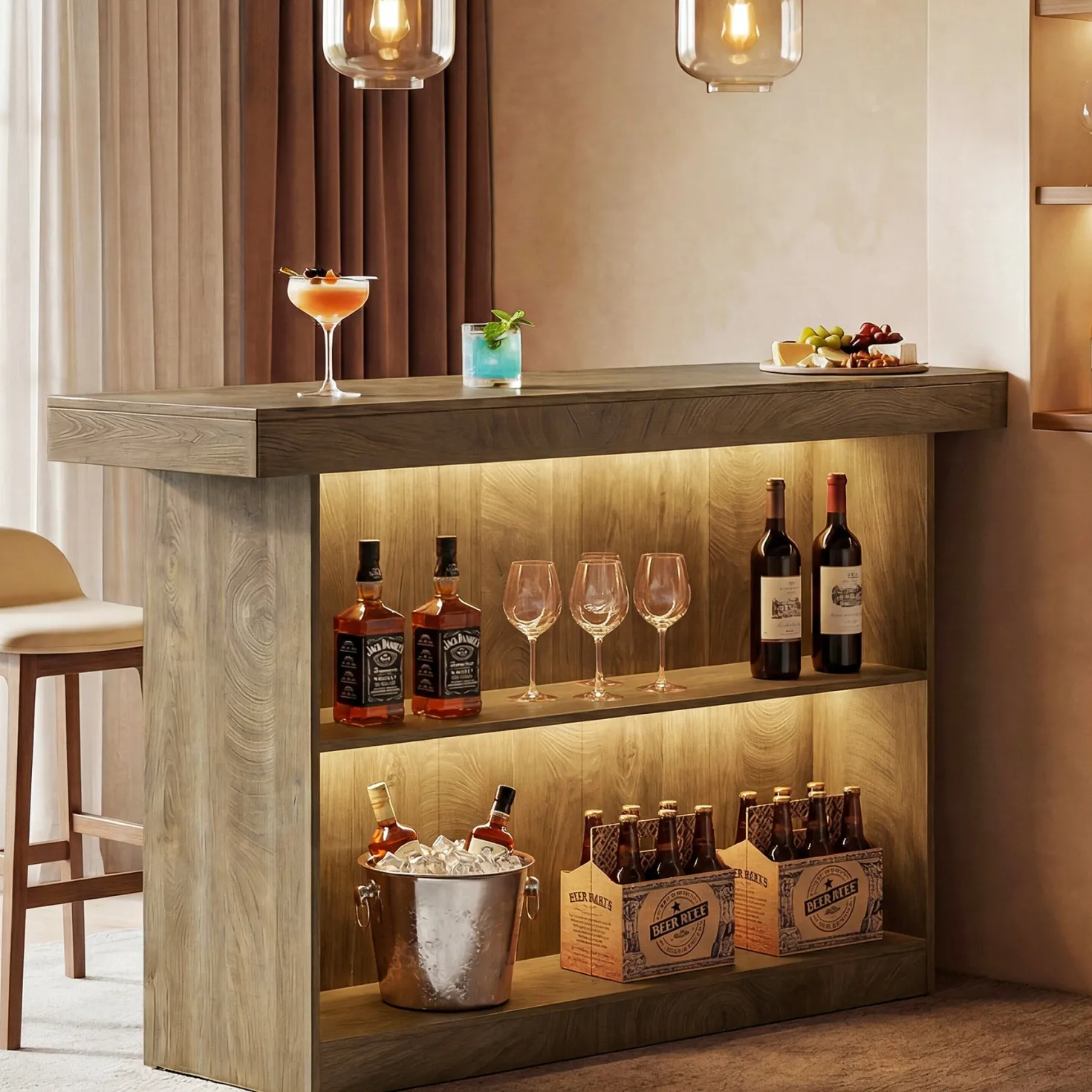 63" Bar Table, 2-Tier Bar Unit Counter Height Pub Table with Storage Shelves