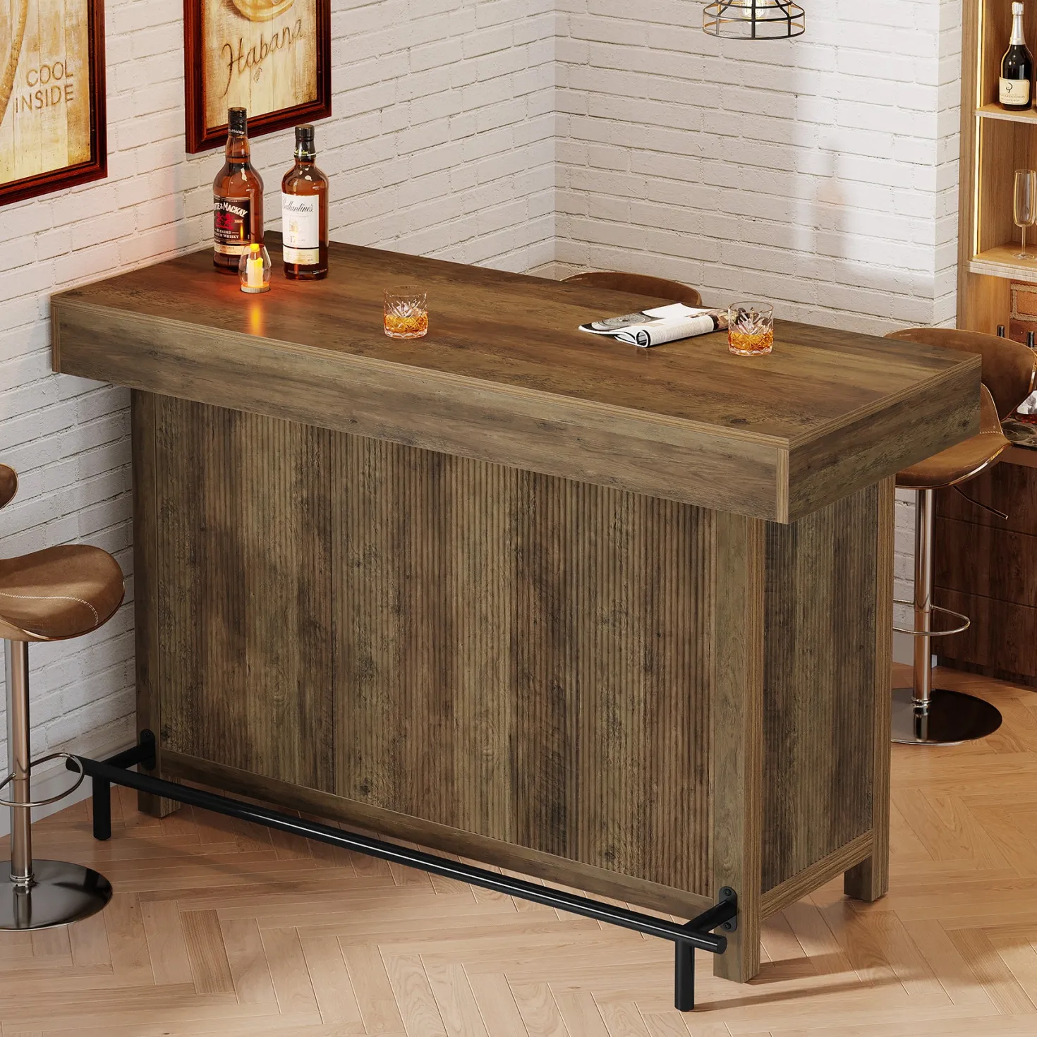 57.48" Bar Unit, Industrial Counter Height Bar Table with 2-Tier Storage