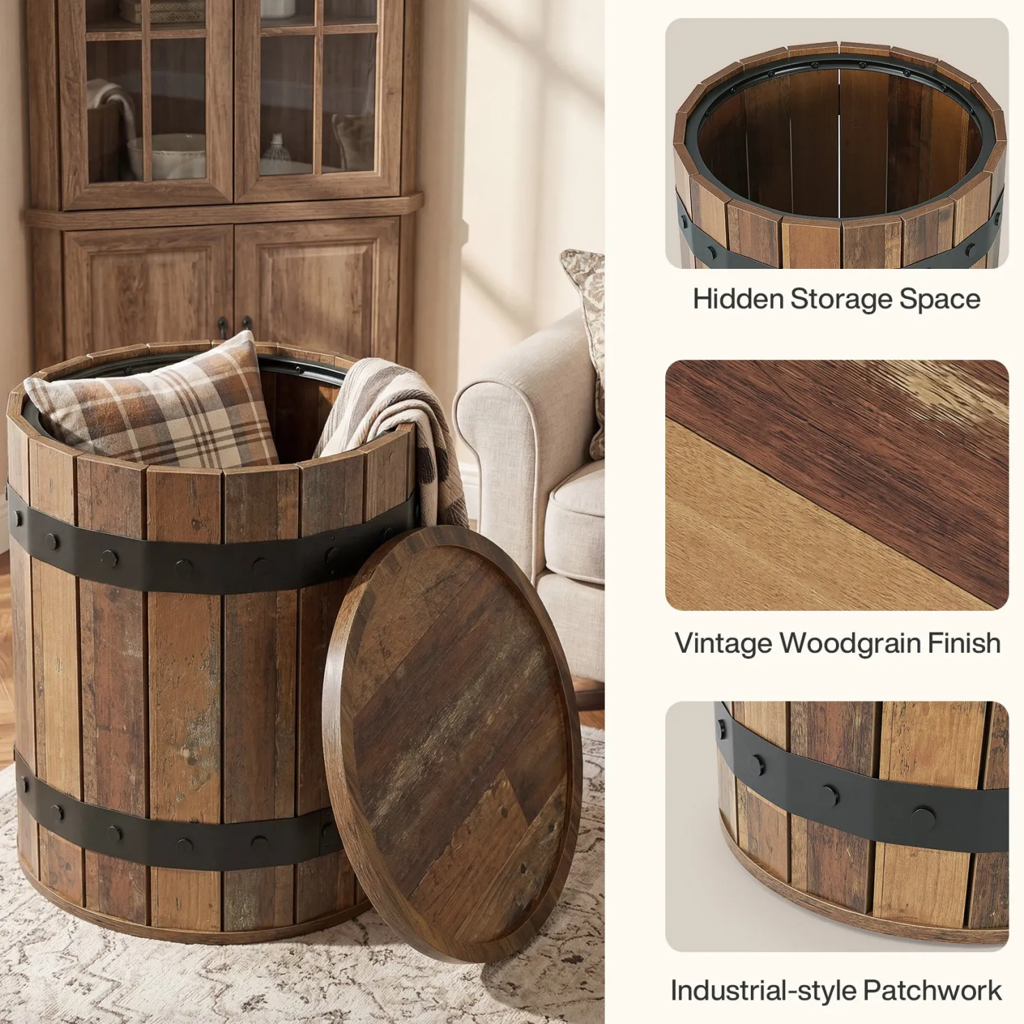 19.68" Barrel Side Table with Hidden Storage, Round Wood End Table with Lid for Living Room and Bedroom